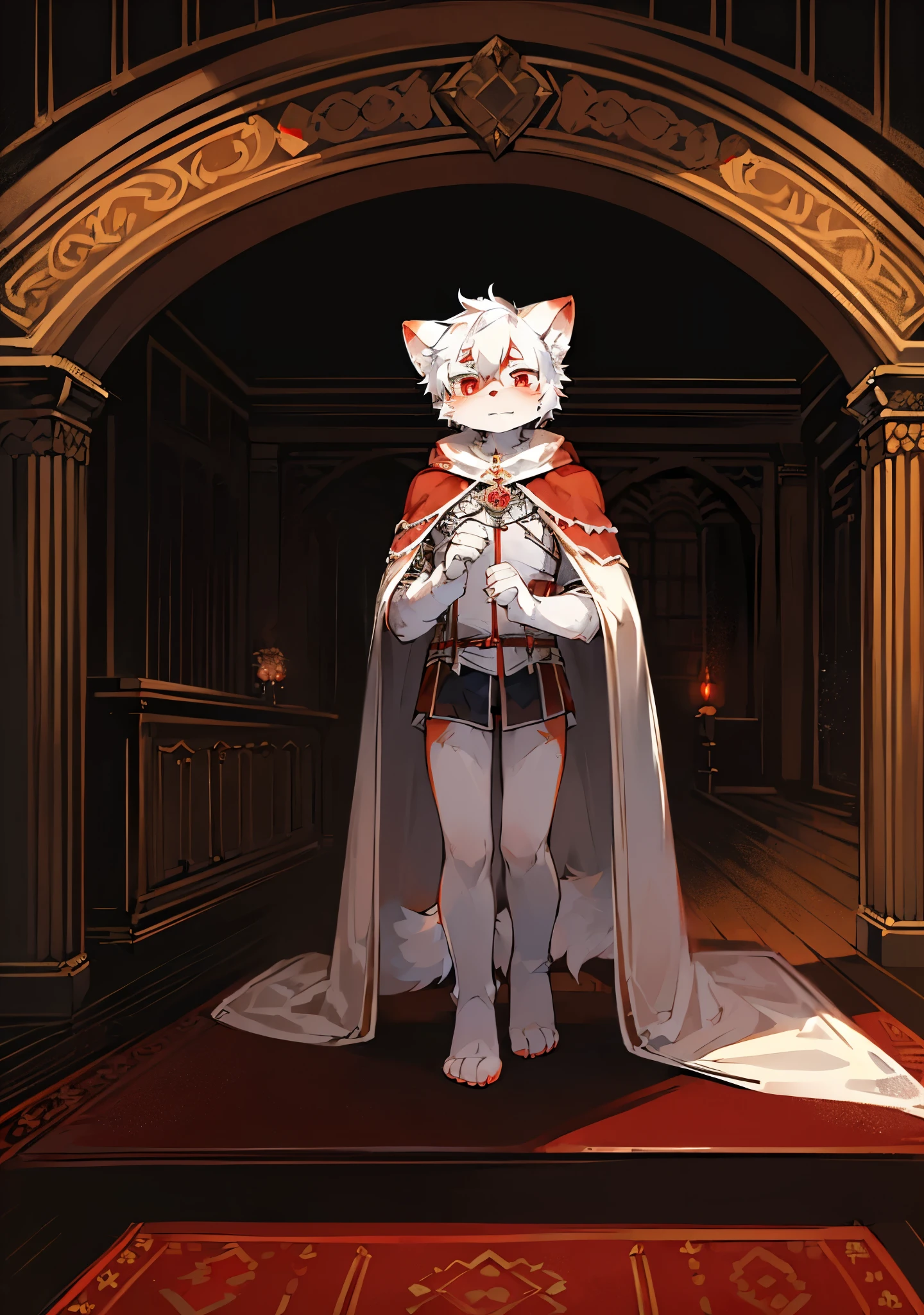 (dark environment:0.8),masterpiece, high quality, absurd res, digital painting \(artwork\), by dagasi, yupa,kiyosan,(anthro,fluffy fur,character focus:1.1),anthro male cat,short hair,portrait, bright eyes,panorama,character focus.(detailed background:0.7),solo,furry,furry male ,male focus,anthr,(Full body fur, fluffy tail, white fur,red eyes,gray hair:1.2),(long canines,vampire, cape:1.2),(interior,night, castle, coffin:1.1)