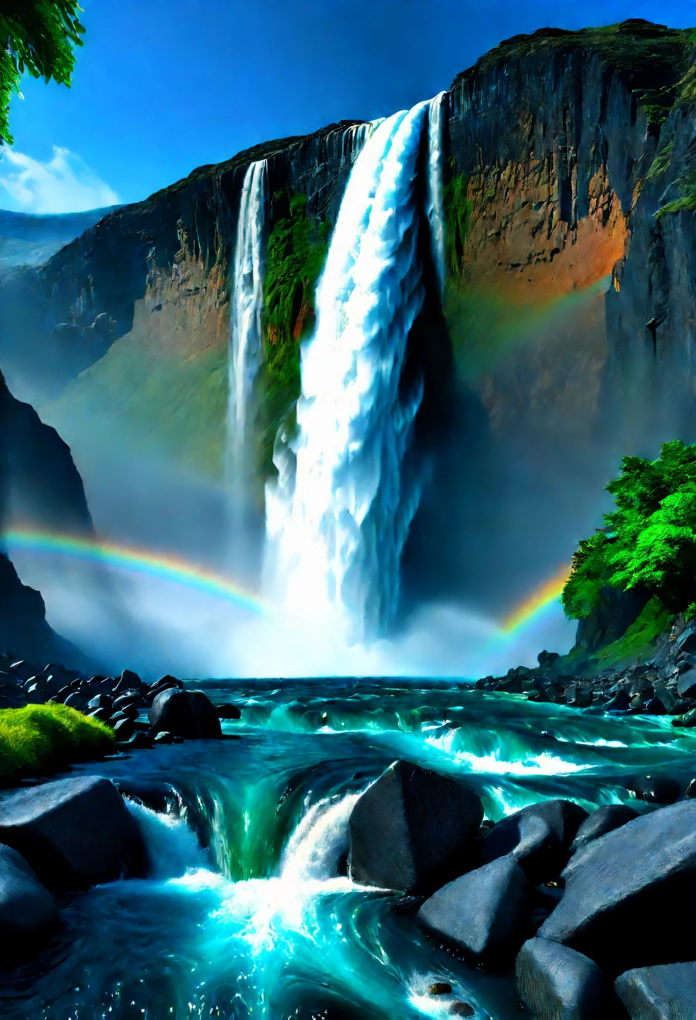 Very unified CG design，painting，"(best quality, 4k, 8k, highres, masterpiece:1.2), ultra-detailed, (realistic, photorealistic, photo-realistic:1.37), monumental waterfall, oil painting, dramatic, powerful, roaring, cascading, thunderous, mountains collapsing, seas pouring out, awe-inspiring, dynamic, shimmering rainbows, mist, spray of water droplets, rocks and boulders, lush vegetation, HDR, studio lighting, vibrant colors, warm and cool tones, interplay between light and shadow."