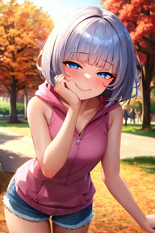 (masterpiece, best quality:1.2), absurdres, perfect , 1girl, (smug smile:1.2), POV, looking at viewer, hand on cheek, short hair, wavy hair, blunt bangs, silver hair, outdoors, autumn, pink \(sleeveless hoodie:1.2)\, hood down, ( jean shorts:1.1), solo focus, , soft lighting, public park, (blue eyes)