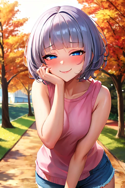 (masterpiece, best quality:1.2), absurdres, perfect anatomy, 1girl, (smug smile:1.2), POV, looking at viewer, hand on cheek, short hair, wavy hair, blunt bangs, silver hair, outdoors, autumn, pink \(sleeveless hoodie:1.2)\, hood down, ( jean shorts:1.1), solo focus, , soft lighting, public park, (blue eyes)
