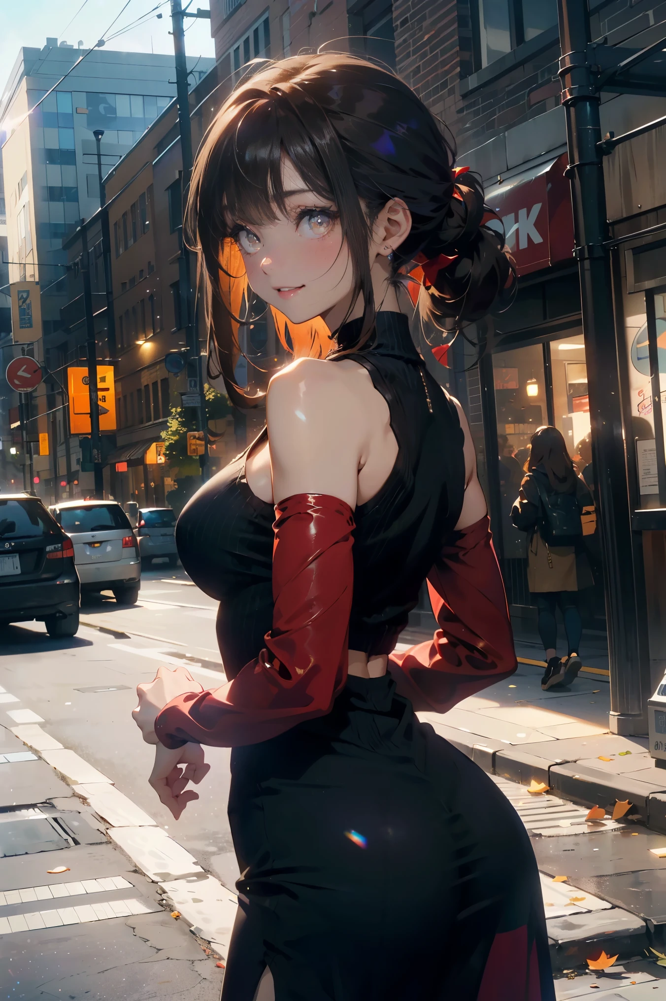 top-quality、Full limbs、complete fingers、Slender beauty、Women with straight hair、Brown-haired woman、Women with medium hair、(Beautiful busty woman:1.3)、(black knit leotard)、((Red shorts))、Black High Socks、Naughty Poses、a park、A big smile、Dancing