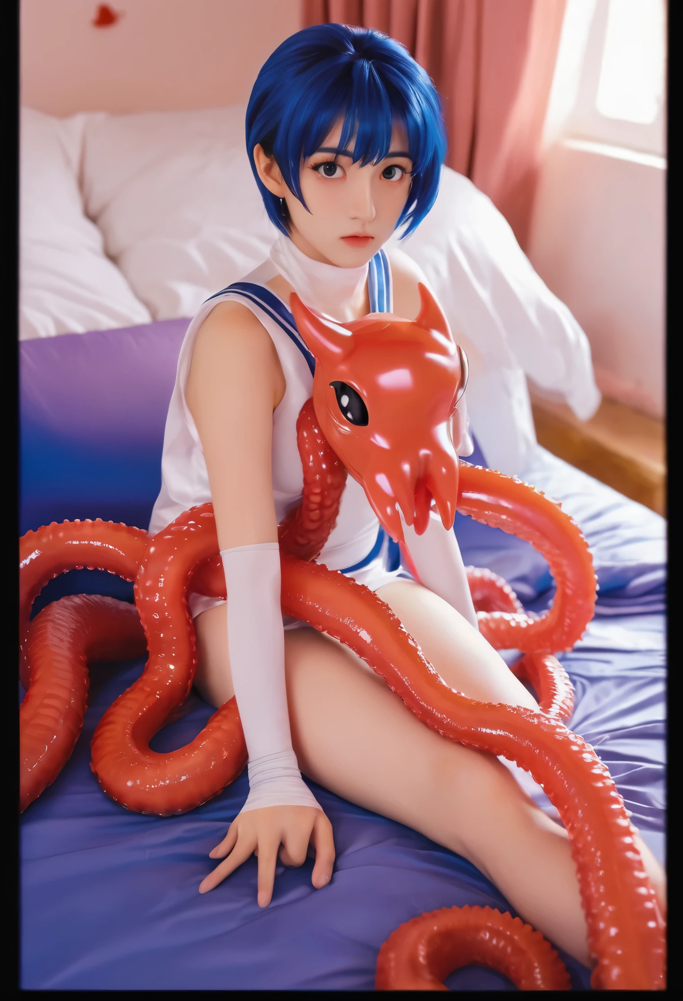 Sailor Mercury Ami Mizuno 『Sailor Moon』, her iconic blue buns and sailor suit, lying on bed with legs fully exposed. Slimy red tentacles crawl around her legs, Curl up and wrap around her flesh. her uniform has come off, leave her naked in front of an audience. Tentacles glow in a dimly lit room, The slimy texture adds a disturbing element to the scene. Ami's expression as she stares at the viewer with wide eyes、both surprised and a little scared。, innocent eyes. the tentacles keep moving, wrap her body in a tight hug. The room is full