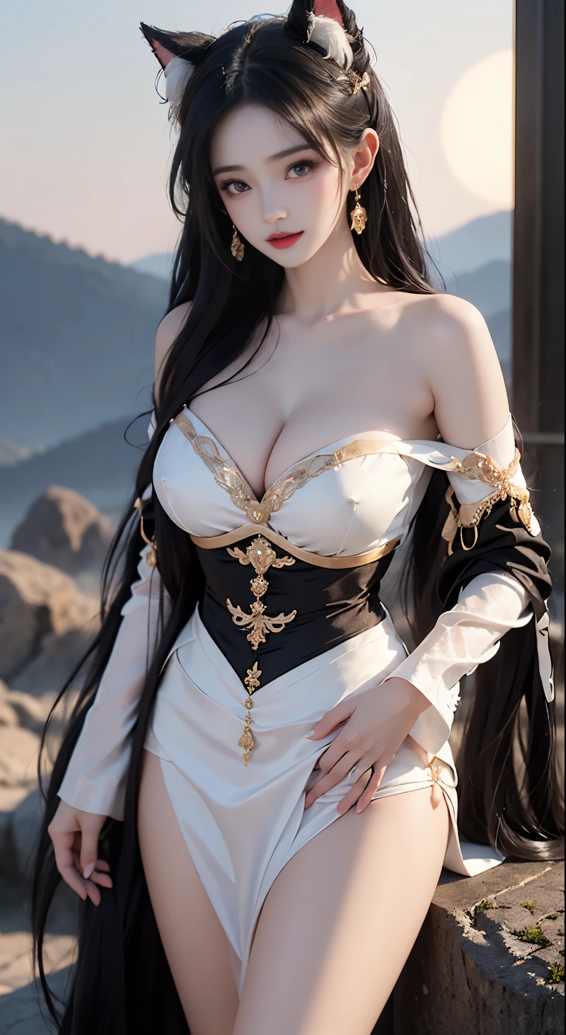 Ahri_Cosplay, White Tails, Black long hair, yellow eyes, ((bare shoulders)), ((whole body)), actual, fashion girl, red lips, mature women, cosmetics, big eyes, beautiful eyes, ((whole body)), ((from below)), (best quality, masterpiece:1.2), Super detailed, (actual:1.37), ((Sexy long legs)), beautiful, young and energetic, Charming model with, big breasts, cleavage, (delicate eyes, Detailed lips, extremely delicate eyes), show a bright smile, Create stunning girl images, Warm colors, Extremely high color saturation, official art, Extremely detailed CG unified 8k wallpaper,(high dynamic range :1.4), (cinematic),(pastel colors, dull color, soothing tone :1.3), (natural skin texture, ultra-actual, soft light, sharp),(Very detailed), night, moonlight, ((in the mountains, plant, Leaning against the rocks))