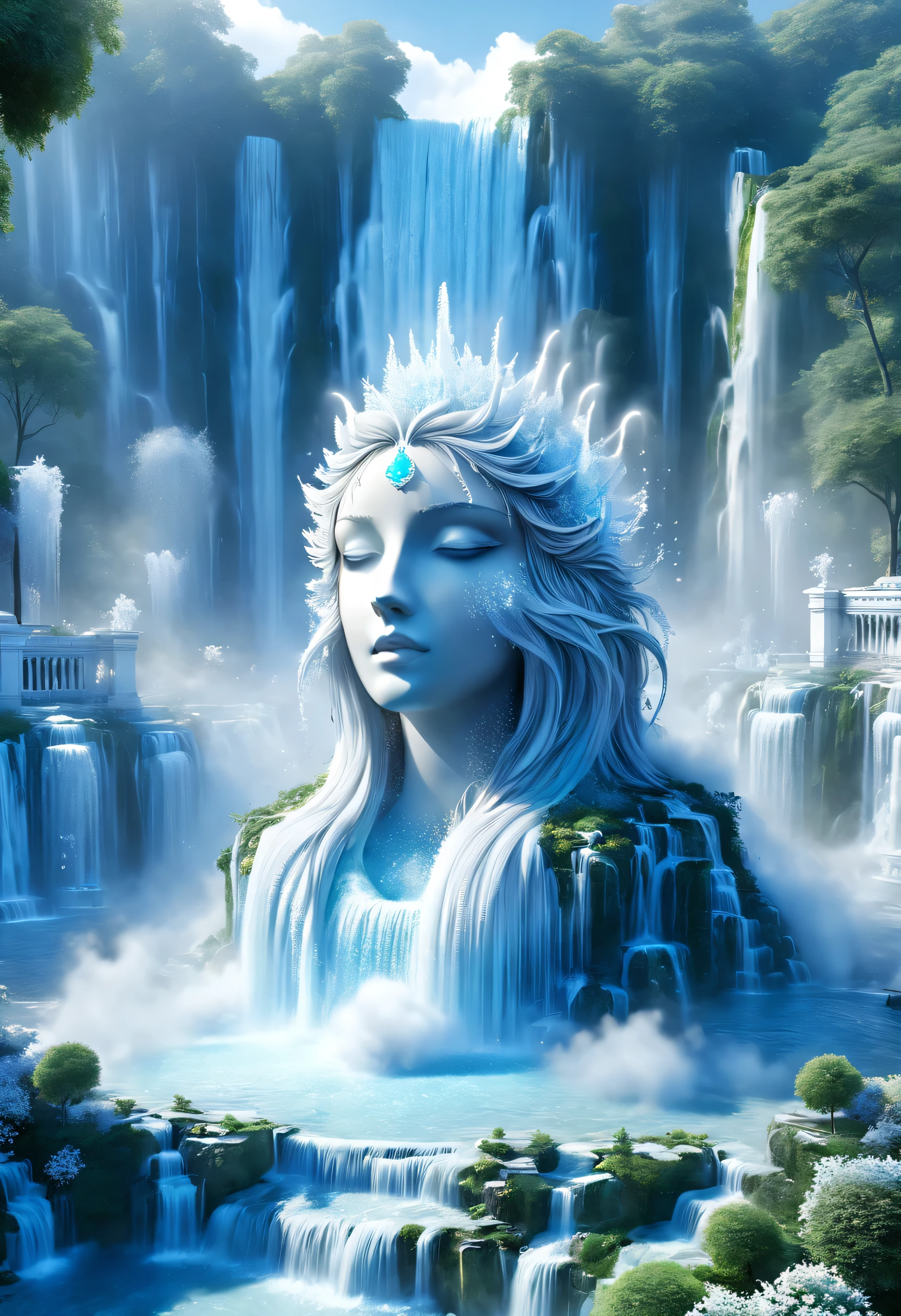 Light blue-white tones，palatial architecture.Gorgeous interior space，Blend in with the beautiful white building，All white interior fanThaty scene，((Super spectacular waterfall landscape))，(Super rich fountain waterfall)，Waterfall fountains at different levels，Transformation crystal，ice crystals，super quality，masterpiece，Super exquisite，many details，splashing water droplets，feeling of mist，water vapor eruption，That&#39;it&#39;like a wonderland.(best quality,4k,8k,high resolution,masterpiece:1.2),super detailed,