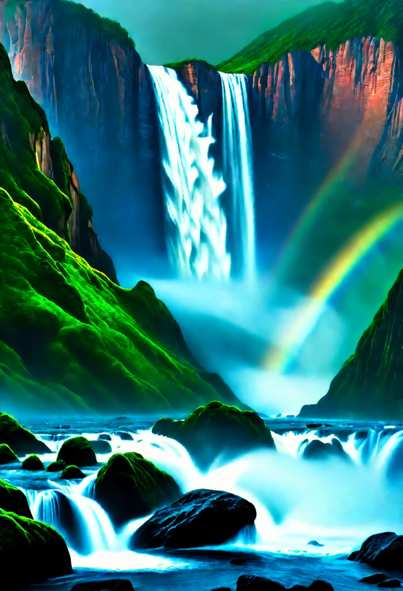 "(best quality, 4k, 8k, highres, masterpiece:1.2), ultra-detailed, (realistic, photorealistic, photo-realistic:1.37), monumental waterfall, oil painting, dramatic, powerful, roaring, cascading, thunderous, mountains collapsing, seas pouring out, awe-inspiring, dynamic, shimmering rainbows, mist, spray of water droplets, rocks and boulders, lush vegetation, HDR, studio lighting, vibrant colors, warm and cool tones, interplay between light and shadow."