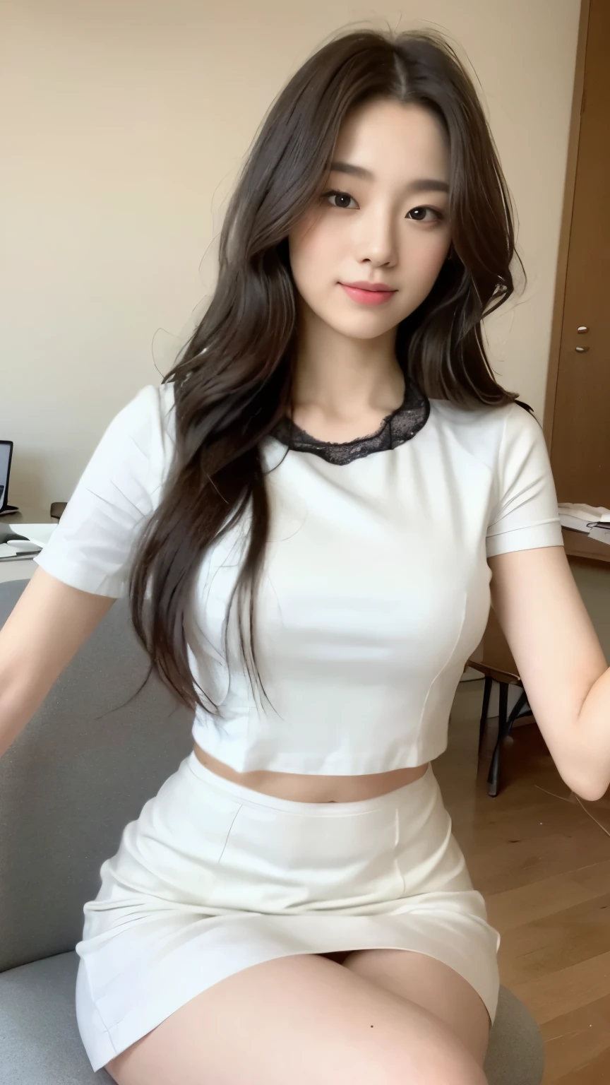 ((top-quality、8k、​masterpiece:1.3))、Beautiful woman with perfect body:1.4、slim abdomen:1.2、Longhair, normal breast, Highly detailed facial and skin texture, A detailed eye, delicate eyes, double eyelid, (smile), (full body shot), ((office 1.2)), (sitting on chair), ((wearing white uniform)), looking in front