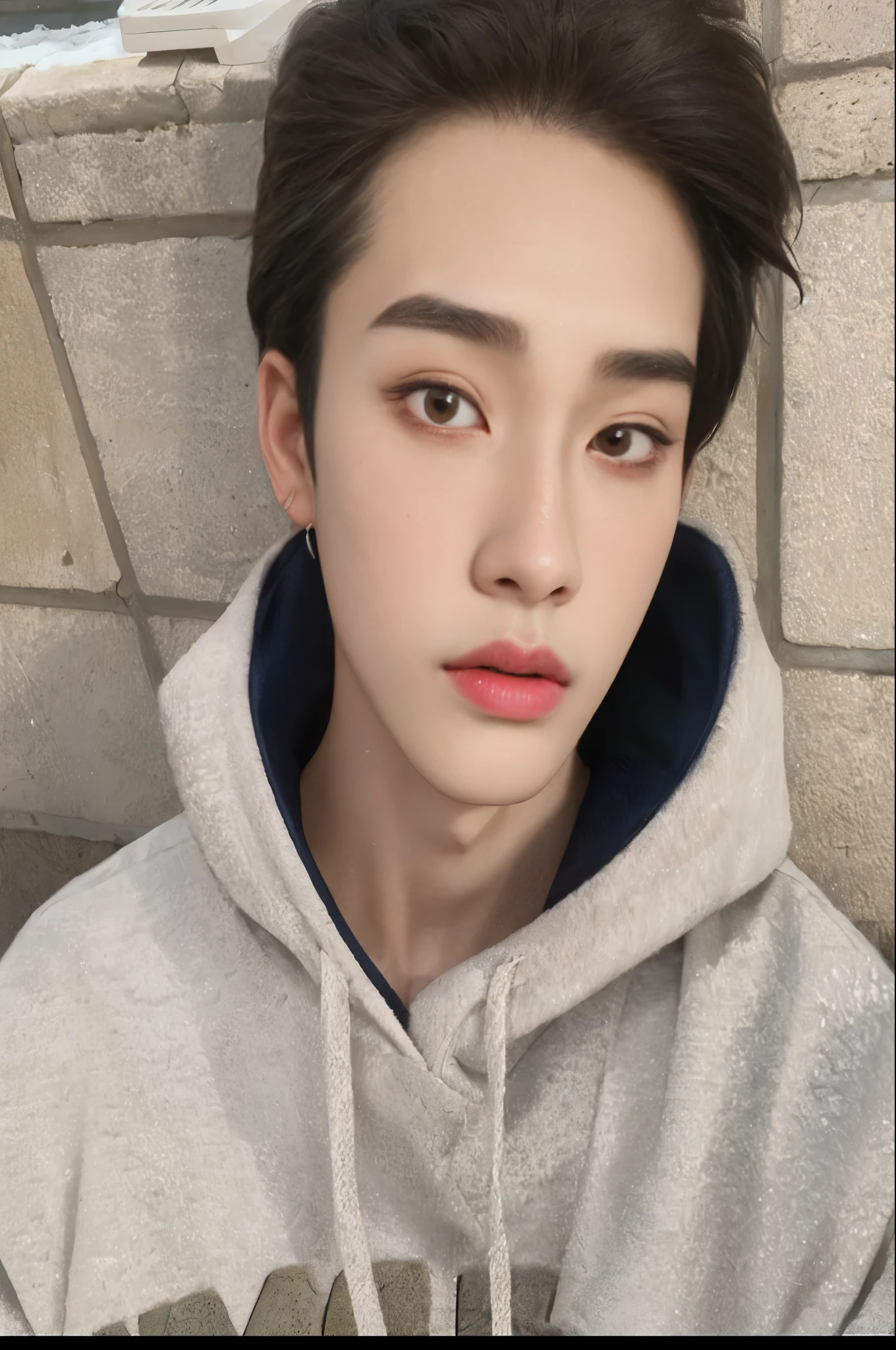 un primer plano de una persona que lleva una sudadera con capucha y un par de aretes, cai xukun, pale korean adorable face, pintar ulzzang, kim doyoung, yanjun chengt, jinyoung shin, 1 7-year-old boy with a thin face, Jung Jaehyun, Inspirado por Bian Shoumin, inspirado en jeonseok lee, hombre surcoreano, hong junio hyung