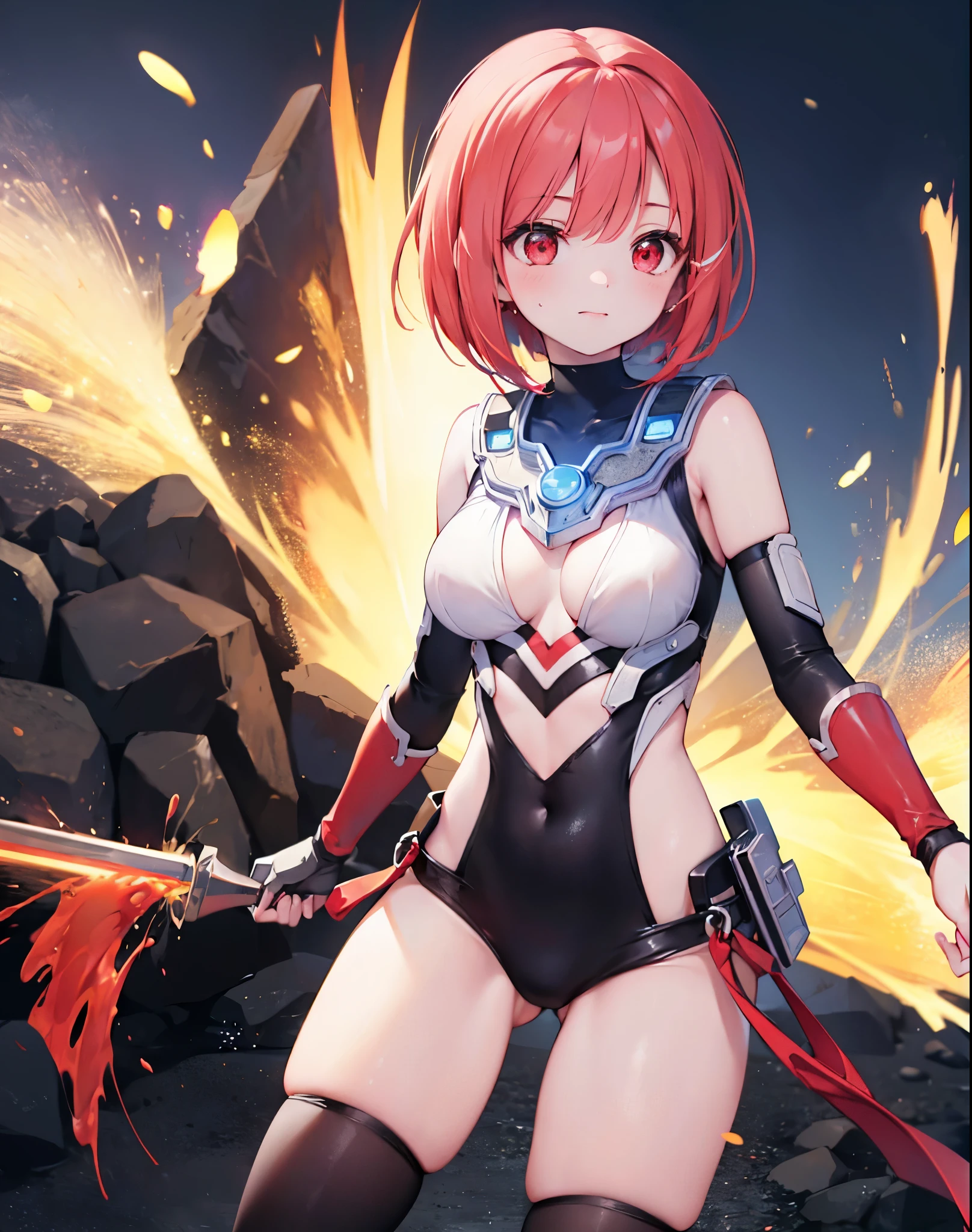 close,highest quality, Super detailed, High quality CG drawing, The most delicate and beautiful, floating gently, High resolution, (1 girl), (best image quality,4k,8k,masterpiece:1.2),(All red-haired:1.5),(short bob:1.5),bangs,(red eyes:1.5), (ultra girl:1.0), red ultraman bodysuit ,slightly larger breasts,red gloves
