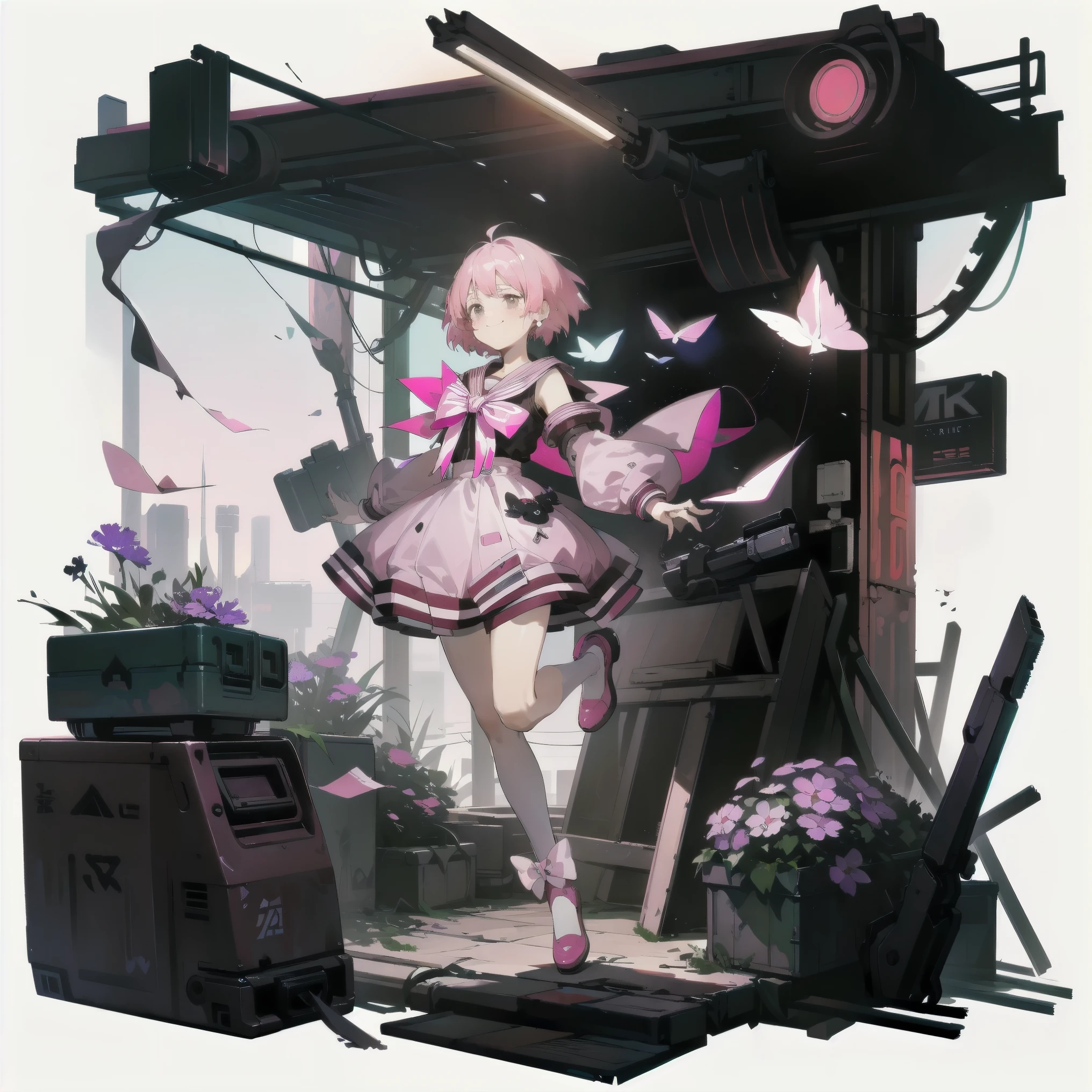 [(White background:1.15), ::2]alone, medium shot, whole body, stand，Smile，shed tears，pink short hair，Large white bow，squint，dynamic，Pink sailor suit，Fluttering skirt，dark night，Brown and wilted flowers，Broken cities,cyberpunk，neon lights，jump backward