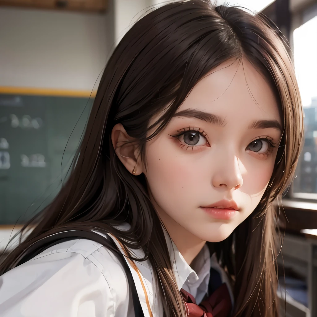 Girl, long brown hair, gray eyes, sharp features, white skin, school uniform