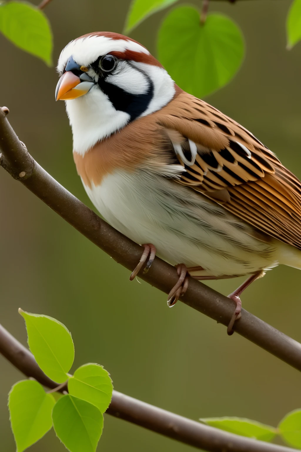 A mesmerizing, hyperrealistic close-up portrait of a sparrow reveals the intricate details of the bird and the vibrant colors hidden within its feathers. Sparrow feathers gleam in the gentle light, displaying a rich palette of shades from iridescent greens to deep browns. The bird perches delicately on a thin, gnarled branch, its beady eyes focused intently on the viewer.

Surrounding the sparrow is an elegant arrangement of small white apple blossoms, their petals translucent and delicate, capturing and reflecting the soft, warm light that filters through the leaves of the tree. The blossoms' subtle trans