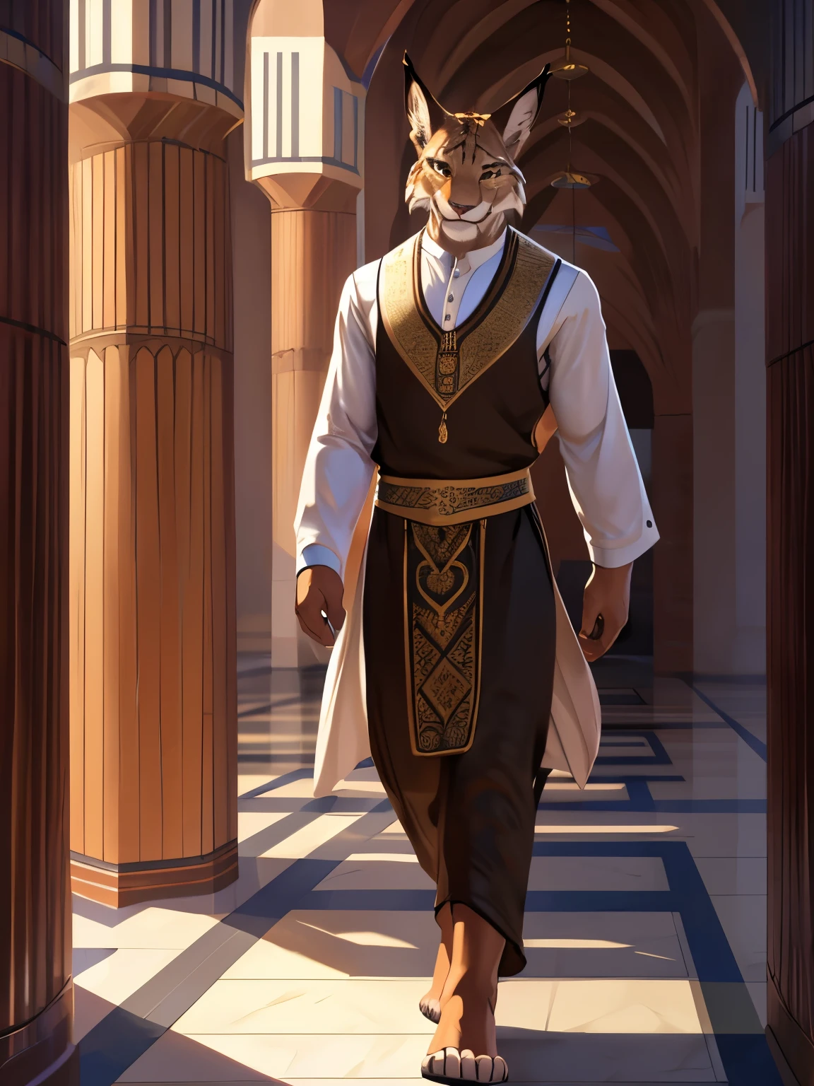 4k, ,8K, A high resolution, best quality, perfect colors, perfect shadows, perfect lighting, posted on e621, (by Chunie, by meesh, by sigma x), male, furry, lynx anthro, (lynx Tail), solo, yellow eyes, (Realistic eye details 1.2), Mosque, men's Muslim clothing wear, atmosphere during the month of Ramadan, Ramadan, Mosque background, walking in the mosque corridor, barefoot, Full body like, Slim body, (Complex),  (Super Detail), (Ultra Clear), (Best Quality)