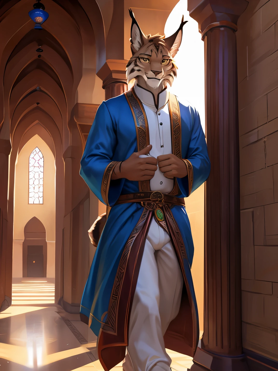 4k, ,8K, A high resolution, best quality, perfect colors, perfect shadows, perfect lighting, posted on e621, (by Chunie, by meesh, by sigma x), male, furry, lynx anthro, (lynx Tail), solo, yellow eyes, (Realistic eye details 1.2), Mosque, men's Muslim clothing wear, atmosphere during the month of Ramadan, Ramadan, Mosque background, walking in the mosque corridor, barefoot, Full body like, Slim body, (Detailed eyes), perfect pupils, detail eyes, detail fluffy fur, (seductive face:1.2), fit body, Looking at the camera, fit body, perfect male figure, Detailed fur, Detailed face, Perfect face, Detailed background, (Complex), (Super Detail), (Ultra Clear), (Best Quality)