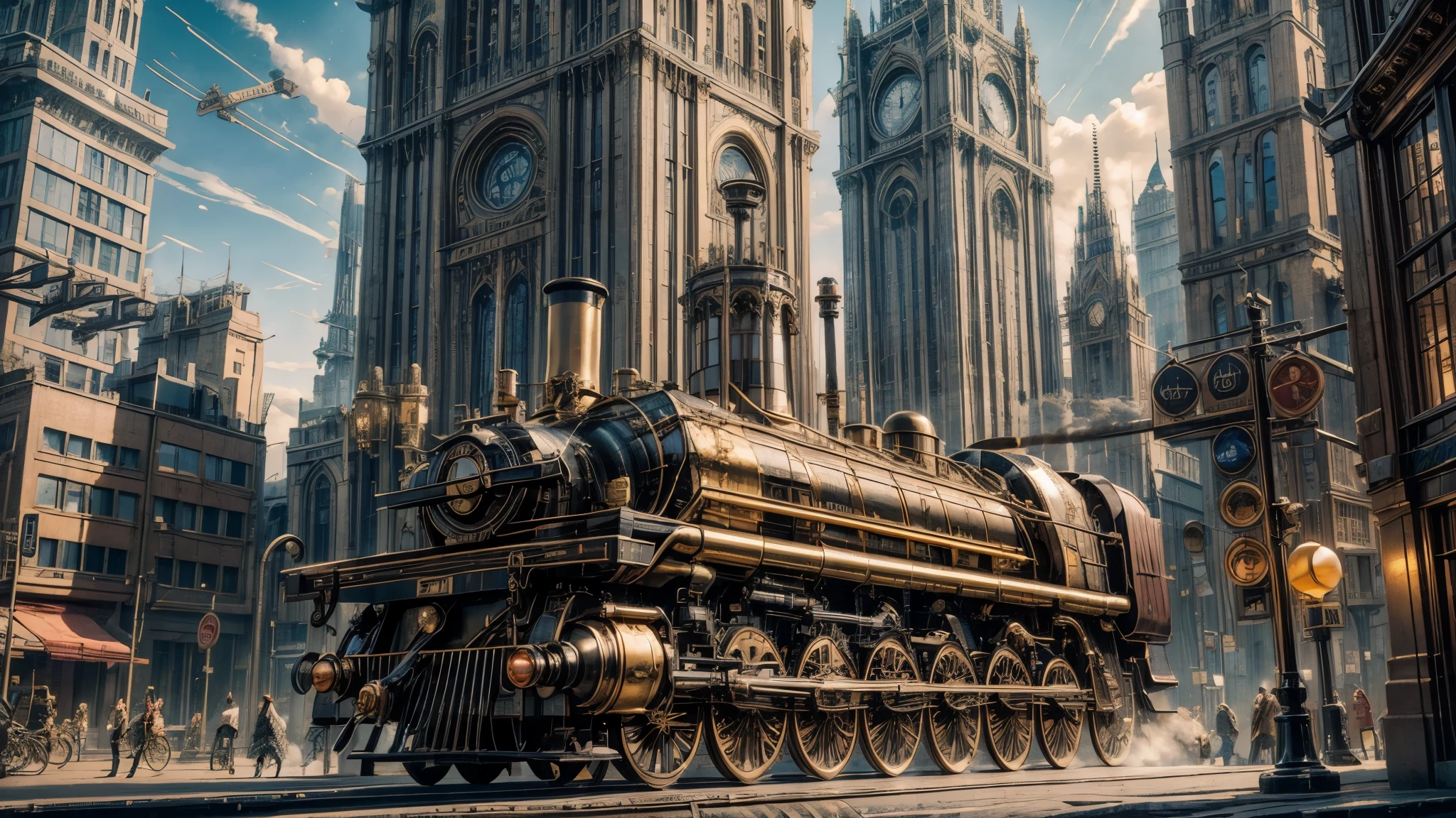 stempunk rich city, huge unknown structure, coper pipes, steam engine, rich city building, a lot of brass details, magic and technologies, steampunk, magicpunk, ray tracing, highres, award winning, high details, super detail, best quality, 8k, 16k, masterpiece