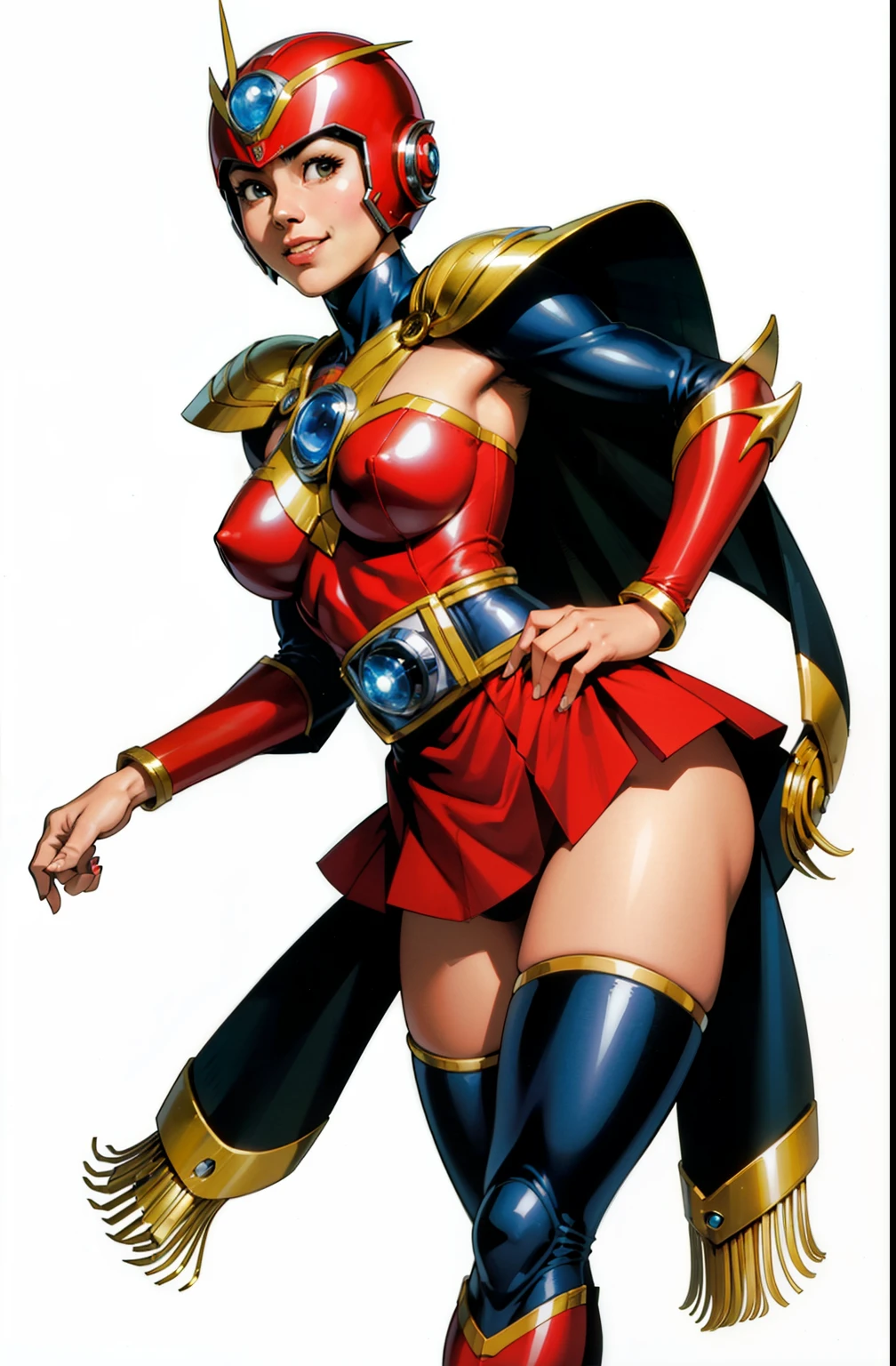 one tiny girl, stand up, happy, sexy, 80's asian super hero , maquiagem, covering her breasts, Lips are soft or colored, , tokusatsu, glass cap, fundo simples, sexy, short skirt, short cape, stand up, tokusatsu dress, perfect hands, good anatomy, postura ereta, provocante, smille facial expression, simple lighting and texture, white background, helmet with glass, tokyo, power rangers