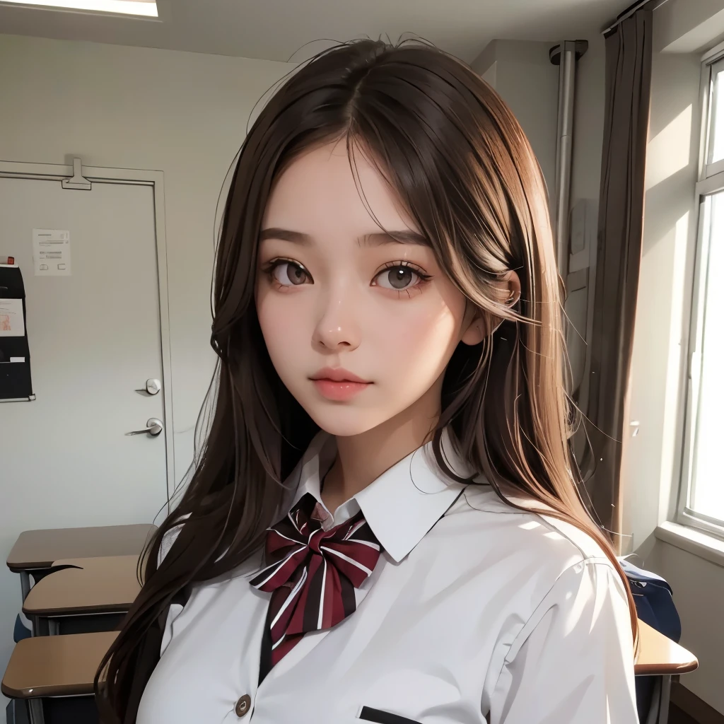 Girl, long brown hair, gray eyes, sharp features, white skin, school uniform