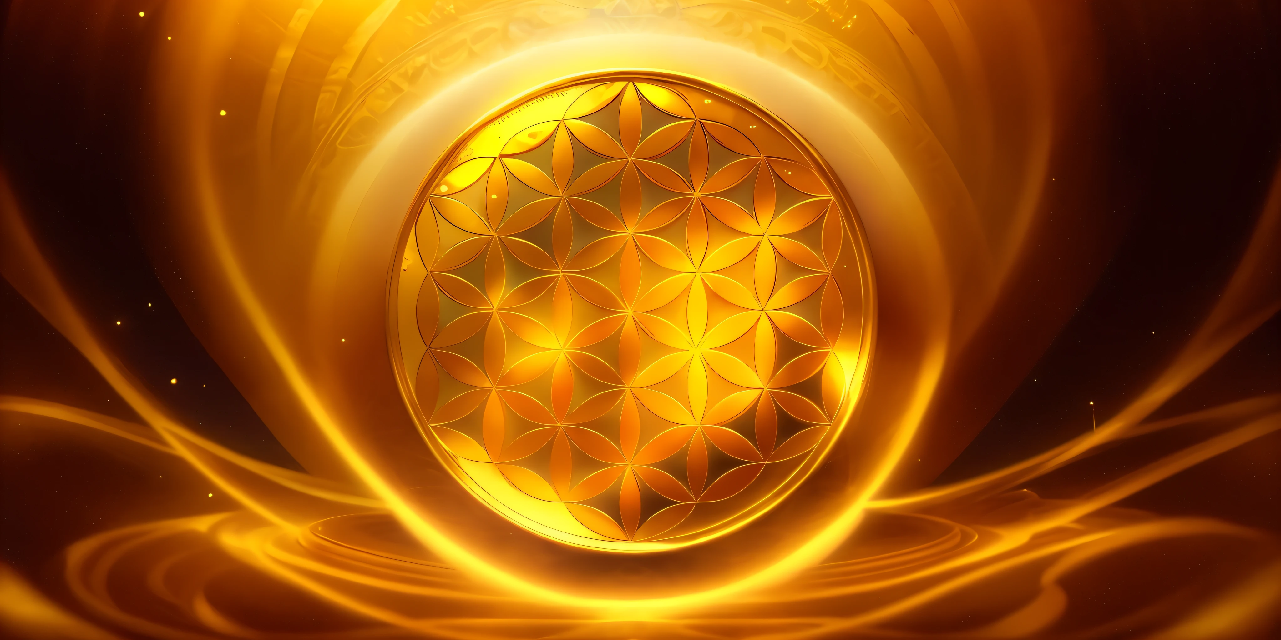 there is a white oval mirror with a gold flower of life design, flower of life, gold inlay, on a reflective gold plate, sacred geometry, overlaid sacred geometry, golden sacred tree, sacred geometry pattern, centered in picture, golden aura, girih, fractal sacred geometry, gold ethereal light, geometry and astrology, golden inlays, like moon in the sea