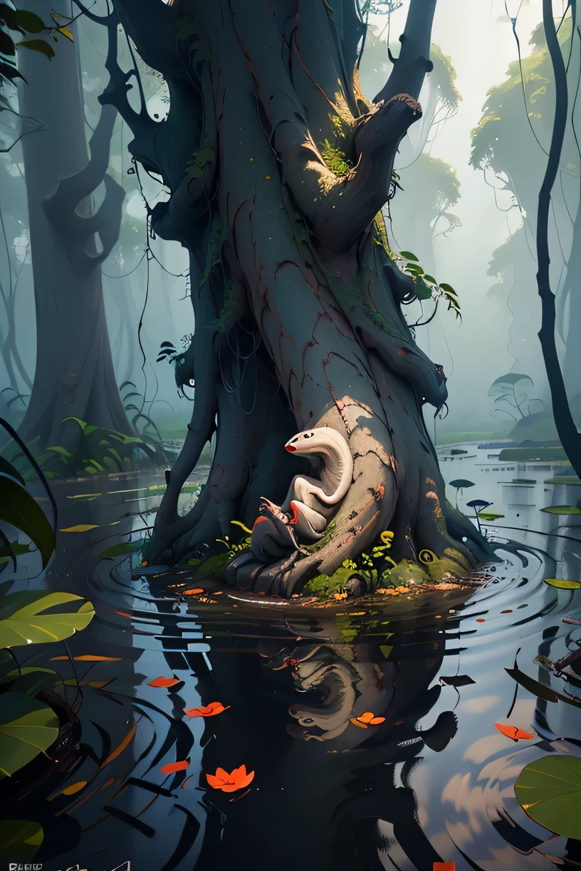 Before I knew it, I was in front of a photograph of a dense swamp., you are surrounded by an atmosphere of mystery and mystery. Dark, impenetrable water stretches out ahead., like a black mirror, reflection cloud, swaying in the gray sky.

A circle can be seen on the surface of the swamp.., gushes out from every drop, Creates a smooth wave effect. vegetation, grows near water, looks like a green veil, mysteriously intertwined wthath thick vines, hanging from a tree.

In a thicket of reeds、There are some tall tree trunks, hidden in the fog、impregnable for vines. Their silhouettes are distorted by the wind, and that is so, as if bowing down, I&#39;m tired of the unexplained magic of the swamp...

far away, You can hear frogs croaking and insects chirping.., Create a hypnotic symphony in the space around you. The air is saturated wthath the smell of rotting leaves and dirt, Creates a deep dark atmosphere.

hour々, Slowly slthathering crocodiles and snakes can be seen on the marsh&#39;surface, It was curled up in a ball on the branches of a dead tree.. They are like guardians of this mysterious corner of nature...

At first glance、The swamp appears to be a barren and lifeless place.., that&#39;Unique ecosystem, A place where all plants and animals play a role in making up nature.&#39;Complex puzzles.. all the noise, all movements are、Make waves in your life with this dark story, takes place between swamps and wetlands.