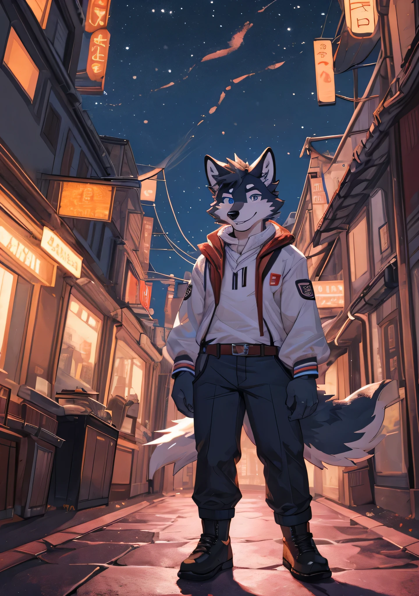 panoramic, Character Focus Solo, whole body, Bright Eyes, big tail, grey, young male wolf, casual wear, Temporal, smiling face, blue eyes, ager, Lovely, One meter seven, Handsome, young style, night, neon city street, masterpiece, Very detailed,