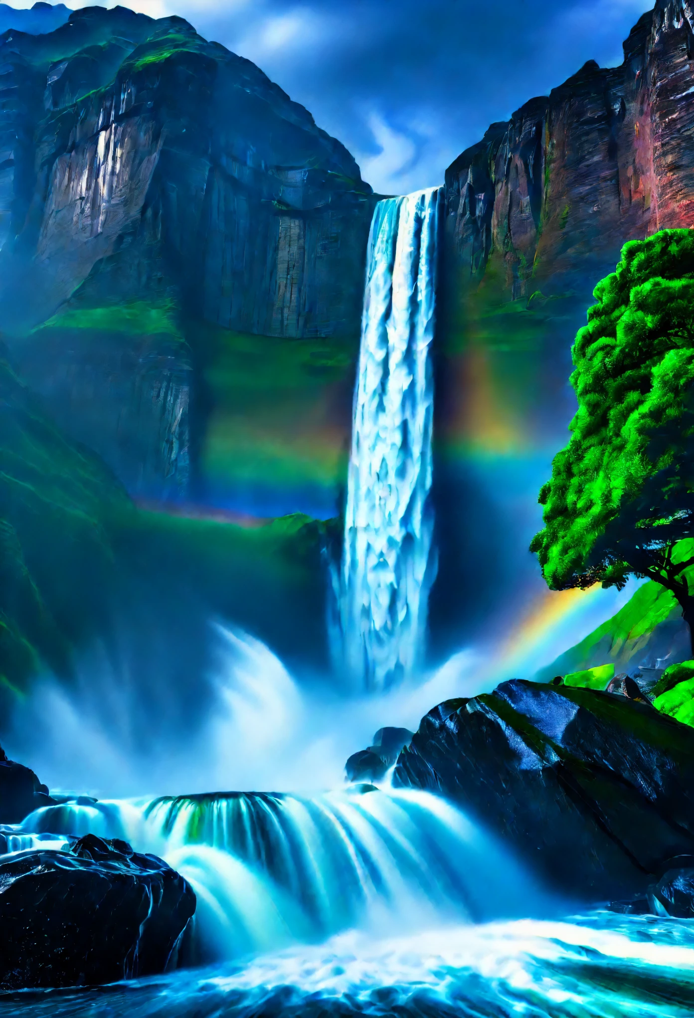 "(best quality, 4k, 8k, highres, masterpiece:1.2), ultra-detailed, (realistic, photorealistic, photo-realistic:1.37), monumental waterfall, oil painting, dramatic, powerful, roaring, cascading, thunderous, mountains collapsing, seas pouring out, awe-inspiring, dynamic, shimmering rainbows, mist, spray of water droplets, rocks and boulders, lush vegetation, HDR, studio lighting, vibrant colors, warm and cool tones, interplay between light and shadow."