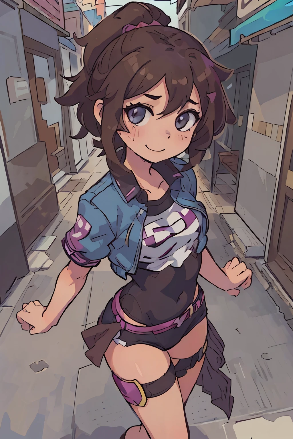 (Mejor calidad:0.8) perfect anime illustration, una bonita, happy woman with short curly brown hair on the city street, usando un vestuario punk, piel ligeramente bronceadq y oliva