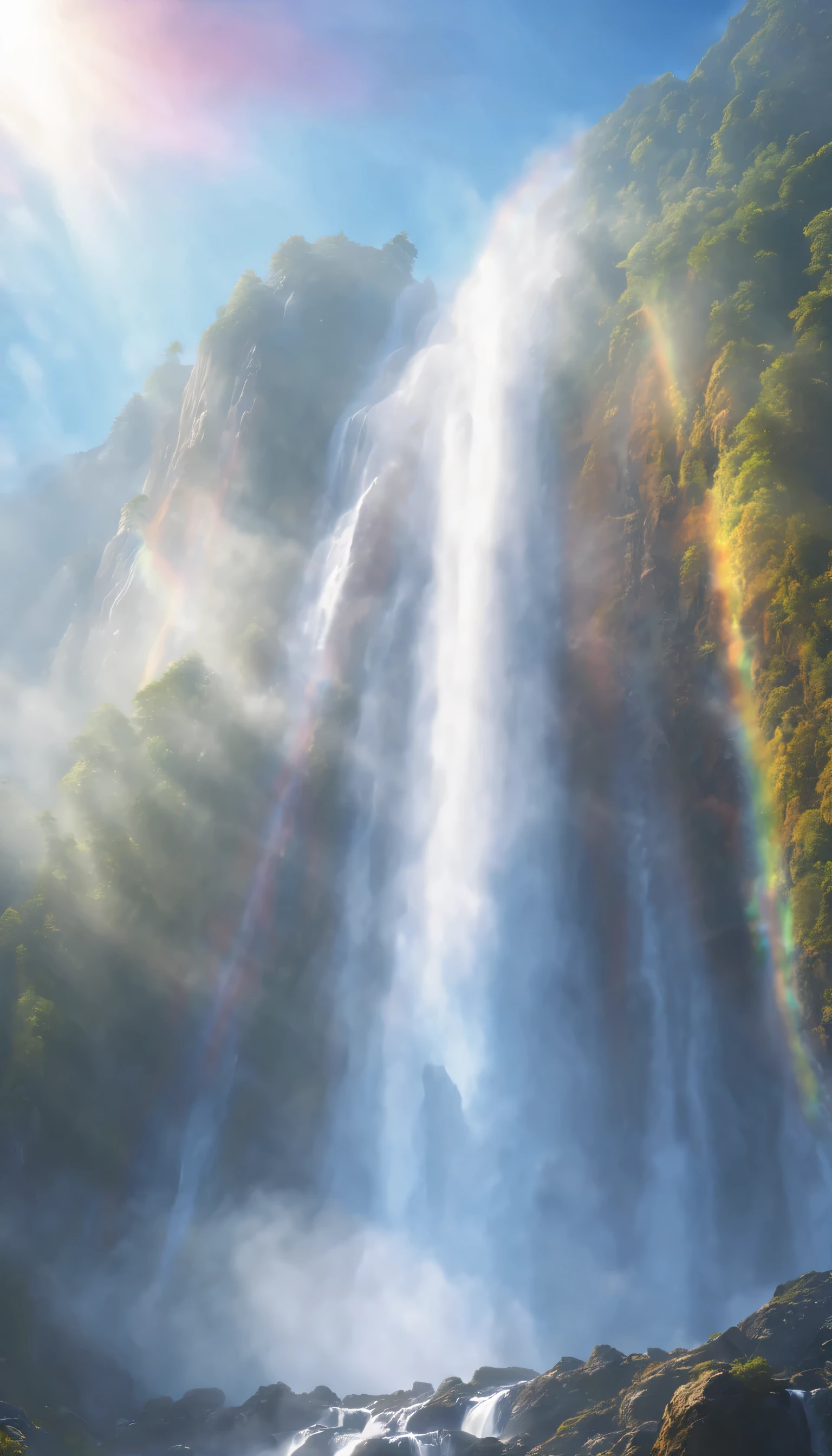 low angle view，shrouded in mist，Huge waterfall on a high mountain，water vapor rising，rainbow，sun glare spots，realistic raytracing，True light reflection，real light refraction，Ultra-fine，Surreal，Super dreamy，extreme portrayal，8k，masterpiece，