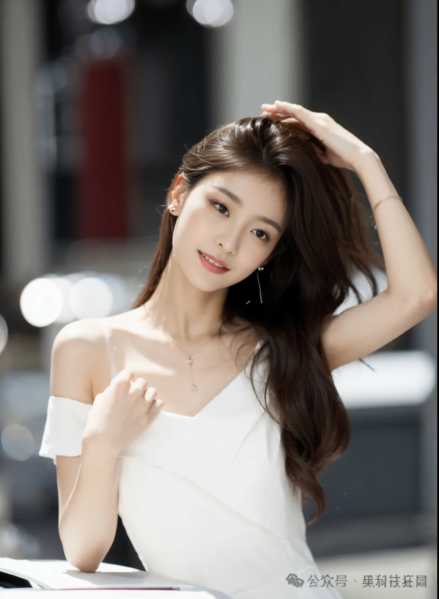 ((Masterpiece, Top image quality, high resolution、alone、skin shiny))(on the table, best quality, actual, super detailed, meticulous, high resolution, 8k wallpaper),huge breasts, Close-up portrait of a beautiful woman, like, smiling, light brown messy hair, Perfect dynamic composition, 美丽meticulous的眼睛, Just like the cover of a fashion magazine, on campus,Gorgeous costumes,hot stamping clothing,One of them is wearing a pink tulle dress,long black hair、8-year-old girl wearing pink bow hairpin sitting on the ground holding balloons,The white buds do not exceed the knees,girl'bedroom,pink girl'Room decoration。