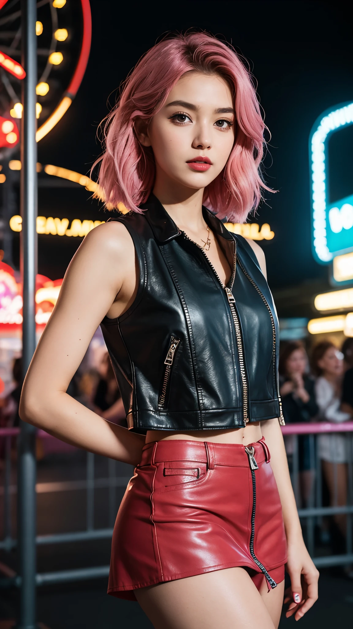 (Ultra-detailed eyes), (((textile shading))), (((Best Quality))), (((masterpiece))) sassy girl, (((realistic))), 1 girl, solo, pink hair, pink hair, pink hair, pink hair, unusual hairstyles choices, ((wolfcut hair, gorgeous hair)), Pink eyes, (((retro futuristic Outfits))), ((carnival pose)), (((Game CG)) (gorgeous, sassy, it girl), fancy jewelry, in carnival ride in the city at night, strong night carnival atmosphere, strong carnival atmosphere, cowboy shot, midshot, front look, centered image, eye on camera, Zipped Leather Biker Jacket, Cropped Denim Vest, Mini Skirt, carnival color, unusual fashion choices