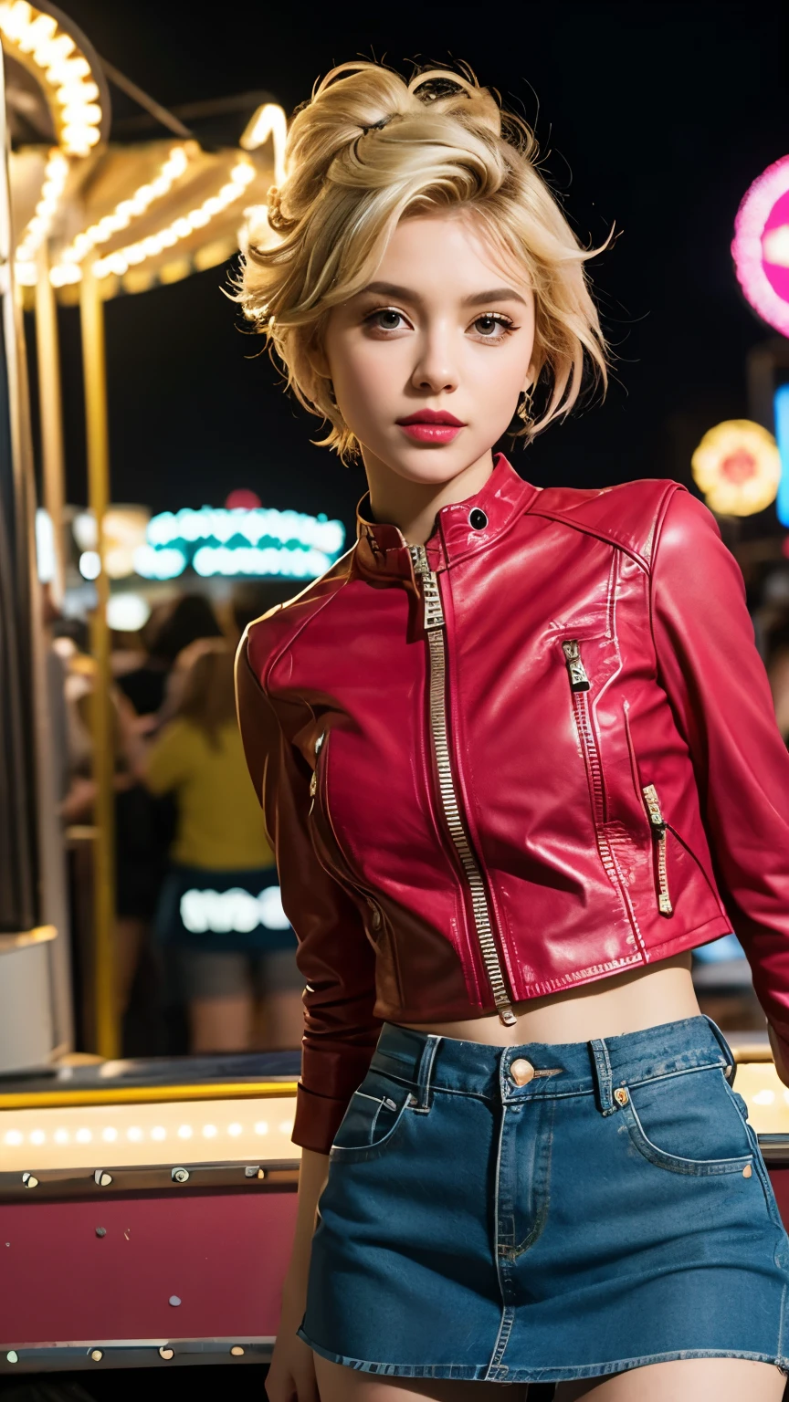 (Ultra-detailed eyes), (((textile shading))), (((Best Quality))), (((masterpiece))) sassy girl, (((realistic))), 1 girl, solo, blonde hair, blonde hair, blonde hair, blonde hair, unusual hairstyles choices, ((short hair, gorgeous hair)), Pink eyes, (((retro futuristic Outfits))), ((carnival pose)), (((Game CG)) (gorgeous, sassy, it girl), fancy jewelry, in carnival ride in the city at night, strong night carnival atmosphere, strong carnival atmosphere, cowboy shot, midshot, front look, centered image, eye on camera, Zipped Leather Biker Jacket, Cropped Denim Vest, Mini Skirt, carnival color, unusual fashion choices