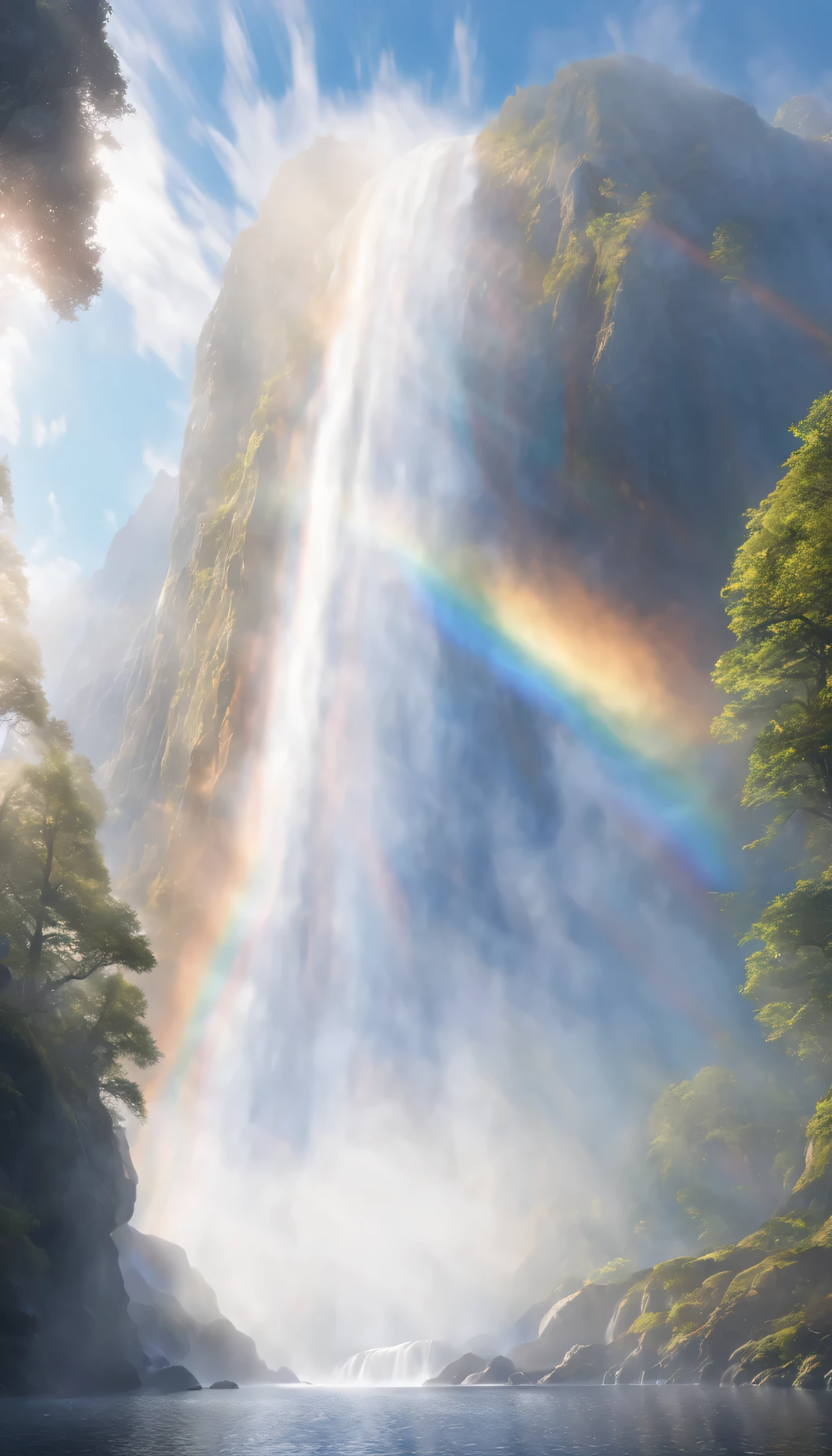 low angle view,shrouded in mist,Huge waterfall on a high mountain,water vapor rising,rainbow,sun glare spots,realistic raytracing,True light reflection,real light refraction,Ultra-fine,Surreal,Super dreamy,extreme portrayal,8k,masterpiece,