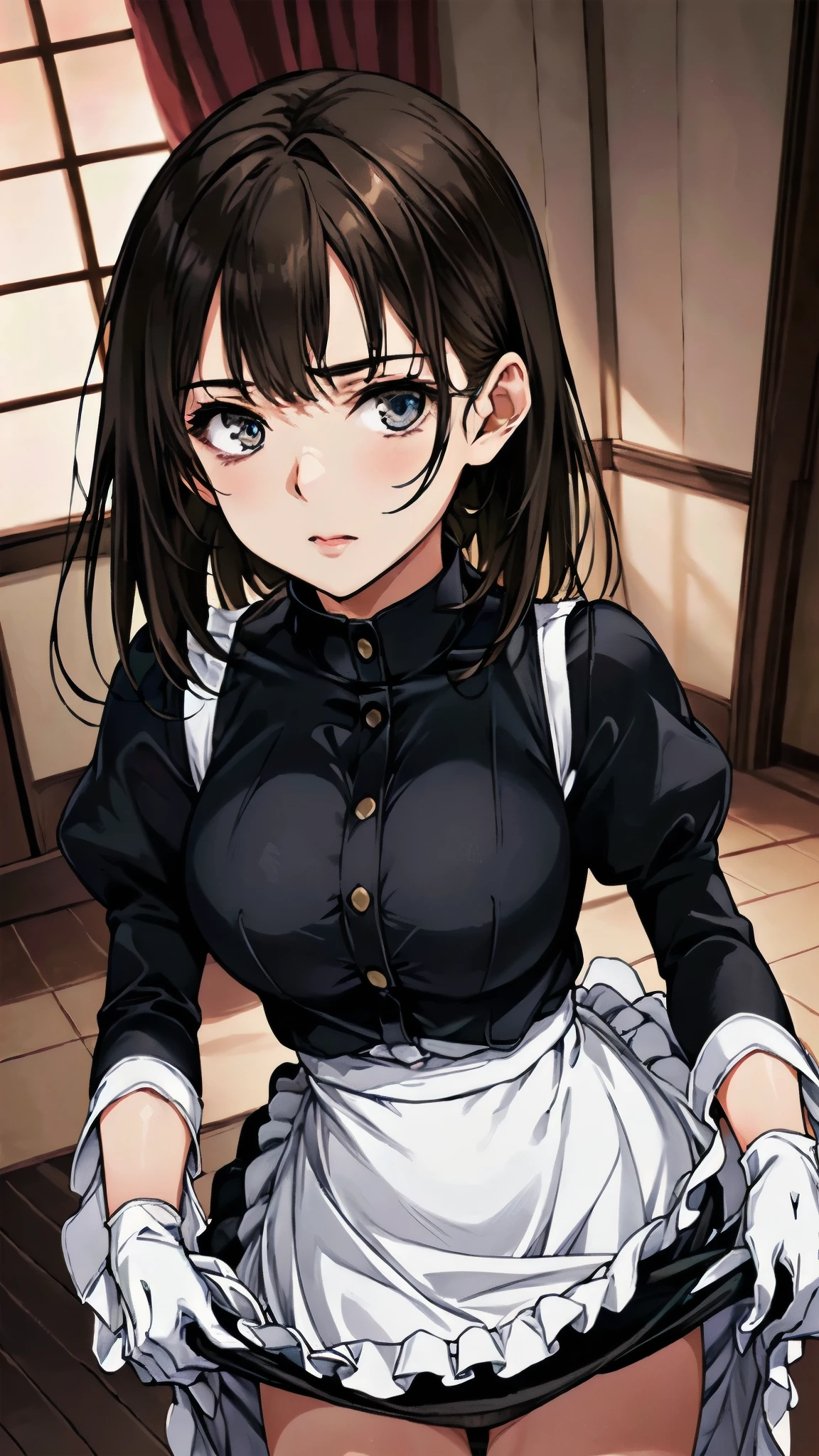 (masterpiece:1.3, best quality, ultra high res, ultra detailed), (realistic, photorealistic:1.4), (natural side lighting, movie lighting), depth of fields, colorful, nsfw, 
looking at viewer, (full body, front view), 1 girl, maid, 20 years old, expressive eyes, perfect eyes, perfect face, (perfect anatomy), cute and symmetrical face, baby face, 
(short hair:1.2, straight hair:1.2, brown hair), bangs, blue eyes, long eye lasher, (medium breasts), perfect balance, white skin, shiny skin, slender, 
beautiful hair, beautiful face, beautiful detailed eyes, beautiful clavicle, beautiful body, beautiful chest, beautiful thigh, beautiful legs, (detailed cloth texture), 
(puffy sleeves, long sleeves black imperial collared shirt, (closed shirt), black long skirt, maid headdress, white short gloves, white formal socks, black lolita shoes, white apron), 
(beautiful scenery), evening, (living room minimalist), standing, ((skirt lift by myself)), (look down on with disdain, innocent big eyes:1.0, close mouth), 