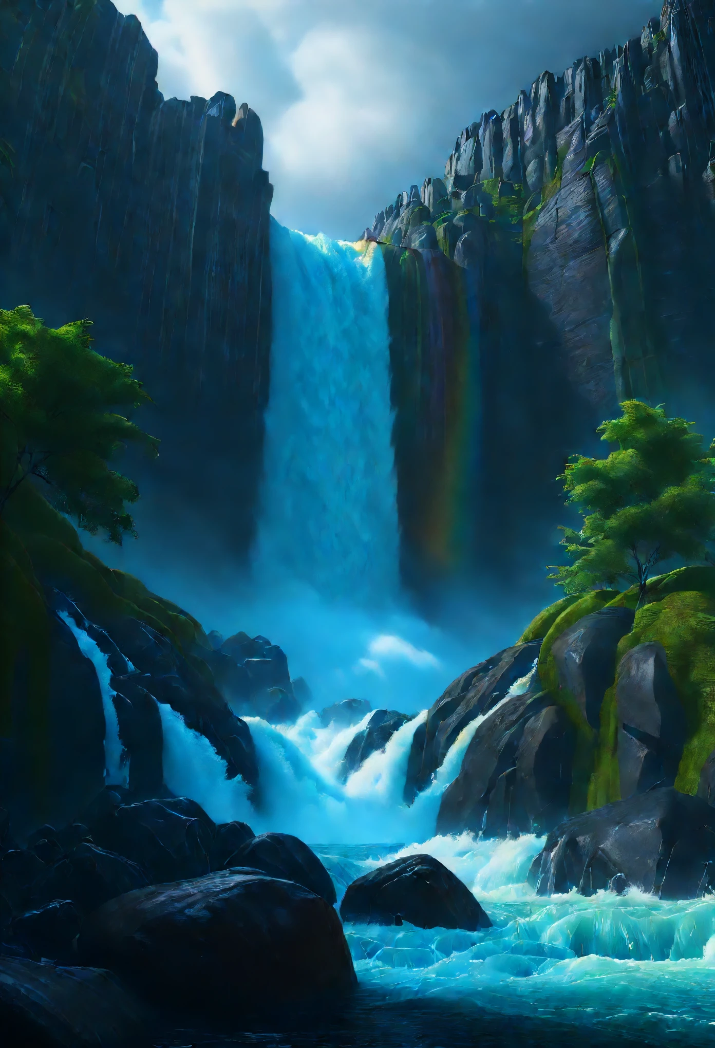 "(best quality, 4k, 8k, highres, masterpiece:1.2), ultra-detailed, (realistic, photorealistic, photo-realistic:1.37), monumental waterfall, oil painting, dramatic, powerful, roaring, cascading, thunderous, mountains collapsing, seas pouring out, awe-inspiring, dynamic, shimmering rainbows, mist, spray of water droplets, rocks and boulders, lush vegetation, HDR, studio lighting, vibrant colors, warm and cool tones, interplay between light and shadow."