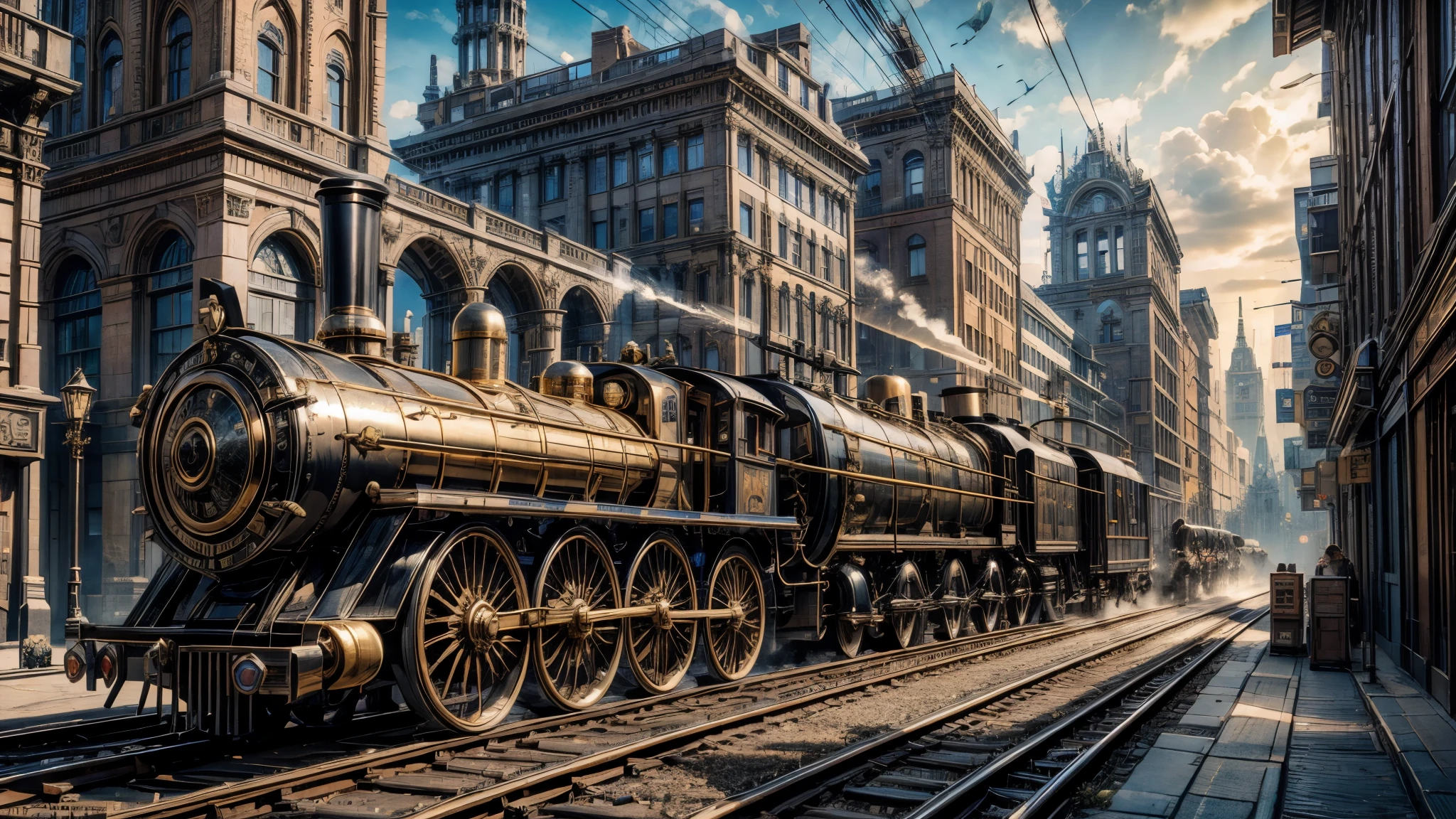 stempunk rich city, huge unknown structure, coper pipes, steam engine, rich city building, a lot of brass details, magic and technologies, steampunk, magicpunk, ray tracing, highres, award winning, high details, super detail, best quality, 8k, 16k, masterpiece