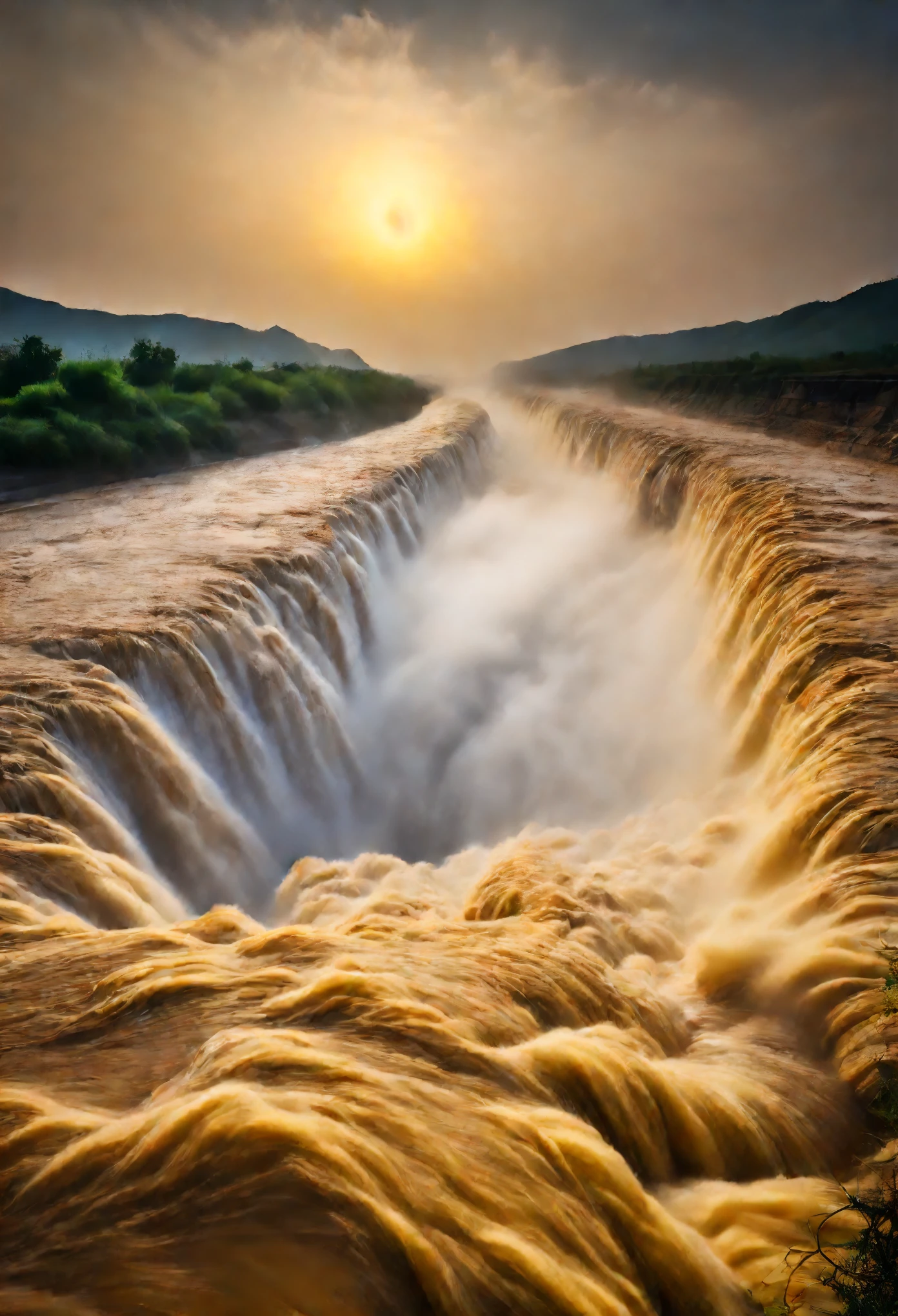 Hukou Waterfall landscape，Smoke from the bottom of the water，mud color，Take care of the place where the Yellow River enters the &quot;Hukou&quot;，Rapid turbulence，Aroused water mist，soar into the sky，Steaming clouds reaching the sky，Like billowing smoke rising from the bottom of the water，Ten miles away。sunset，actual photography，Epic graphics，super high quality，beautiful details，