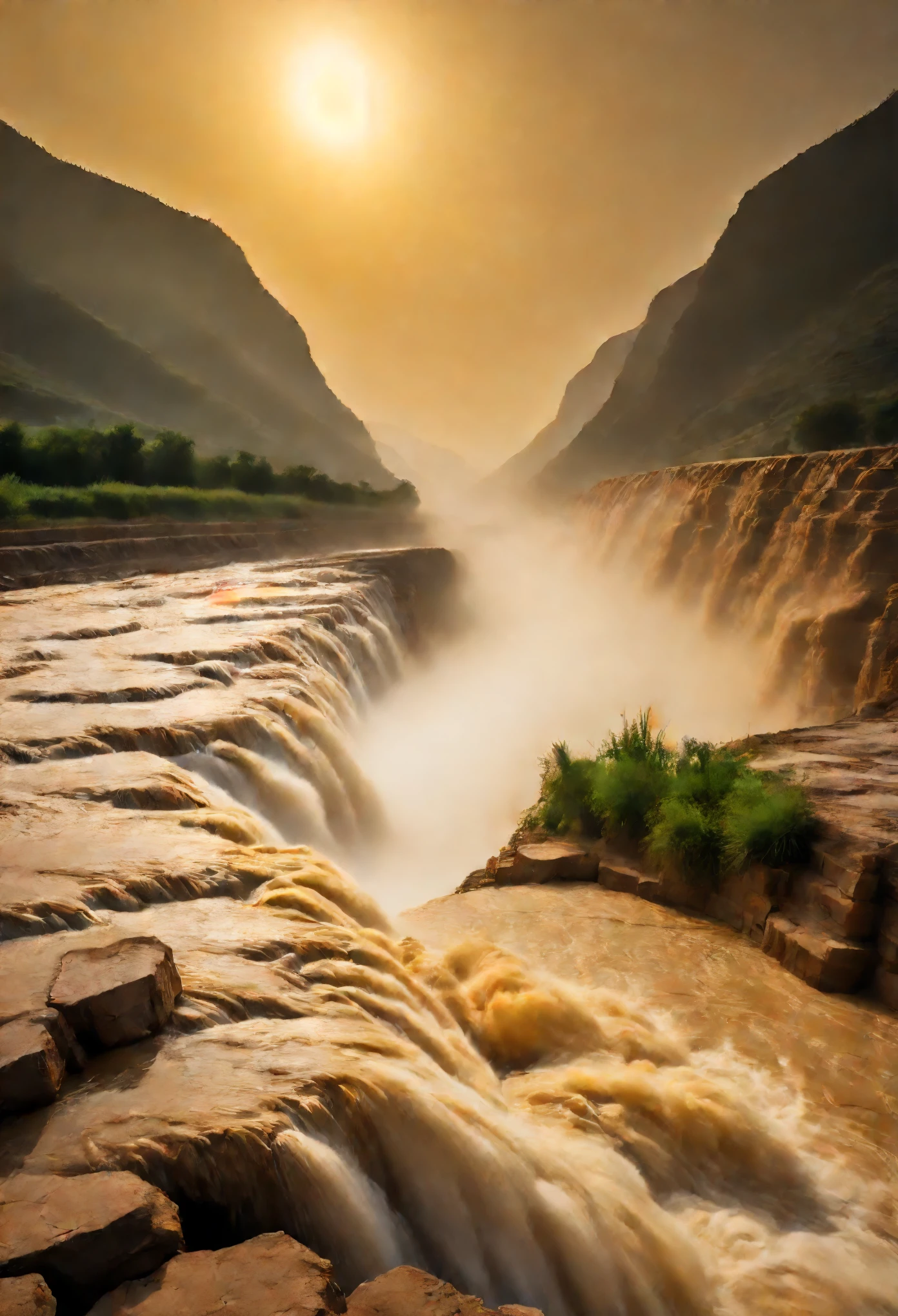 Hukou Waterfall landscape，Smoke from the bottom of the water，mud color，Take care of the place where the Yellow River enters the &quot;Hukou&quot;，Rapid turbulence，Aroused water mist，soar into the sky，Steaming clouds reaching the sky，Like billowing smoke rising from the bottom of the water，Ten miles away。sunset，actual photography，Epic graphics，super high quality，beautiful details，