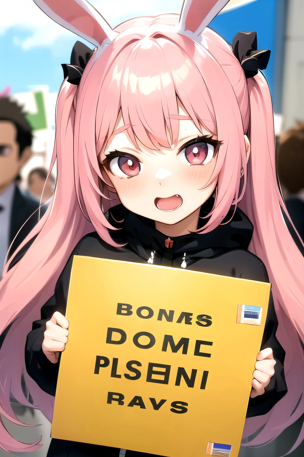 chibi bunny anime girl holding a placard