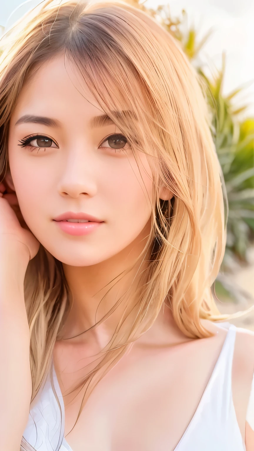 Nikon, f/1.8, 135mm, UHD, retina, masterpiece, accurate, textured skin, anatomically correct,
high details, textured skin, award winning, high resolution, hd, 4k, 16k, 1080p,
A woman wearing a white bikini is standing on the beach, beautiful Japanese woman, Margin on the right enchanting smile, Slim girl model photo, Beautiful girl model, Wearing a tank top, Beautiful model girl, smiling, margin on the right