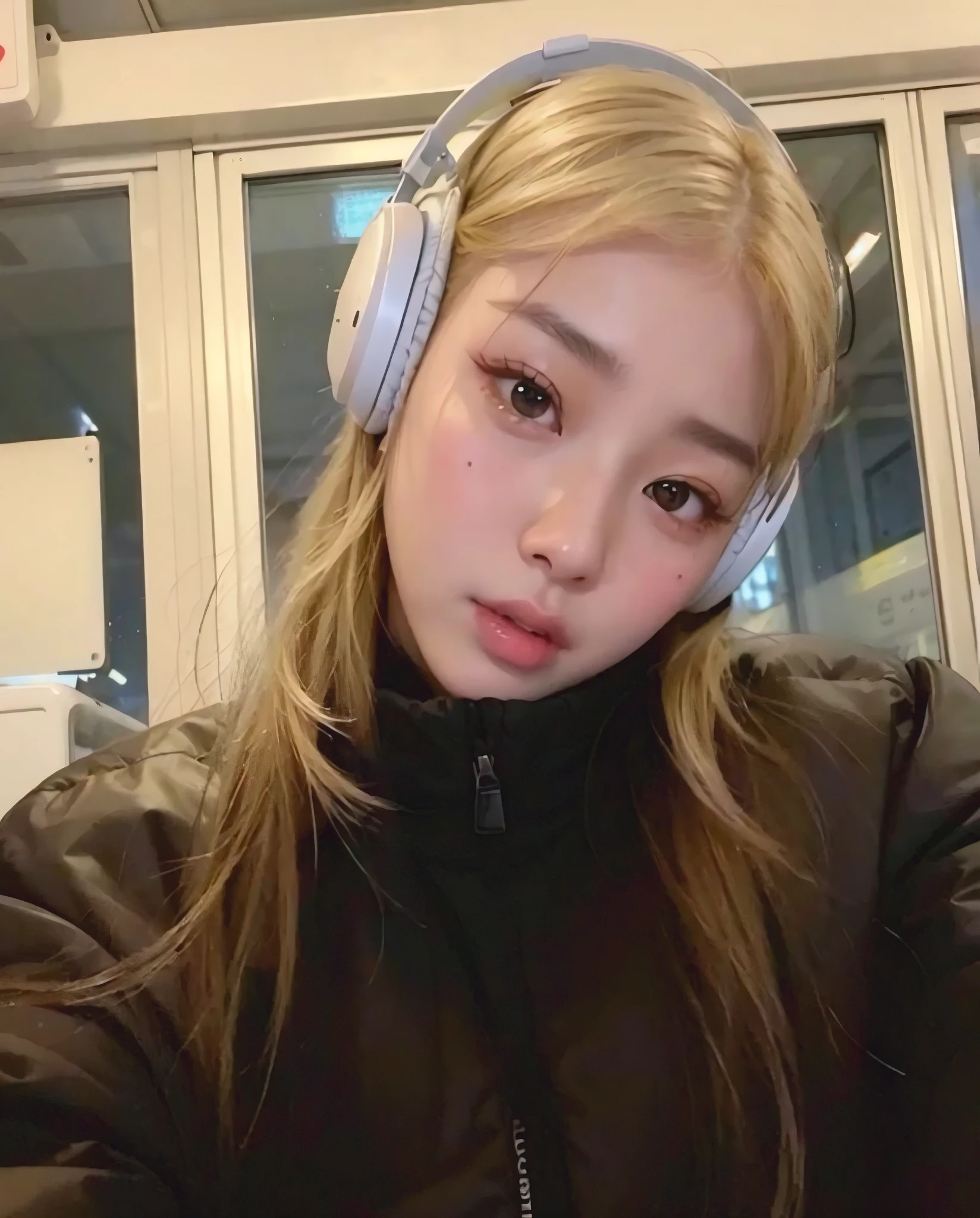 arafed woman with headphones on sitting in a train, roseanne park of blackpink, wan adorable korean face, with head phones, with headphones, korean girl, ulzzang, young adorable korean face, tzuyu from twice, sakimichan, lalisa manobal, portrait of jossi of blackpink, jinyoung shin, with round face
