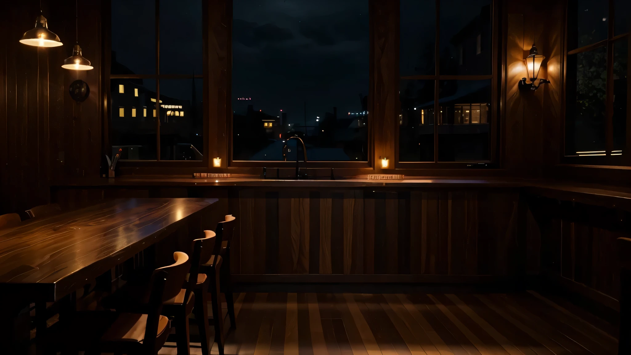 (masterpiece) best quality, bar, warm lights, jazz gorgeous, beautiful wood tables, wood windows, ((night)), perfect light, pure, divine, 4k, warm colors, good emotions, happy feelings, freedom, (dark night)