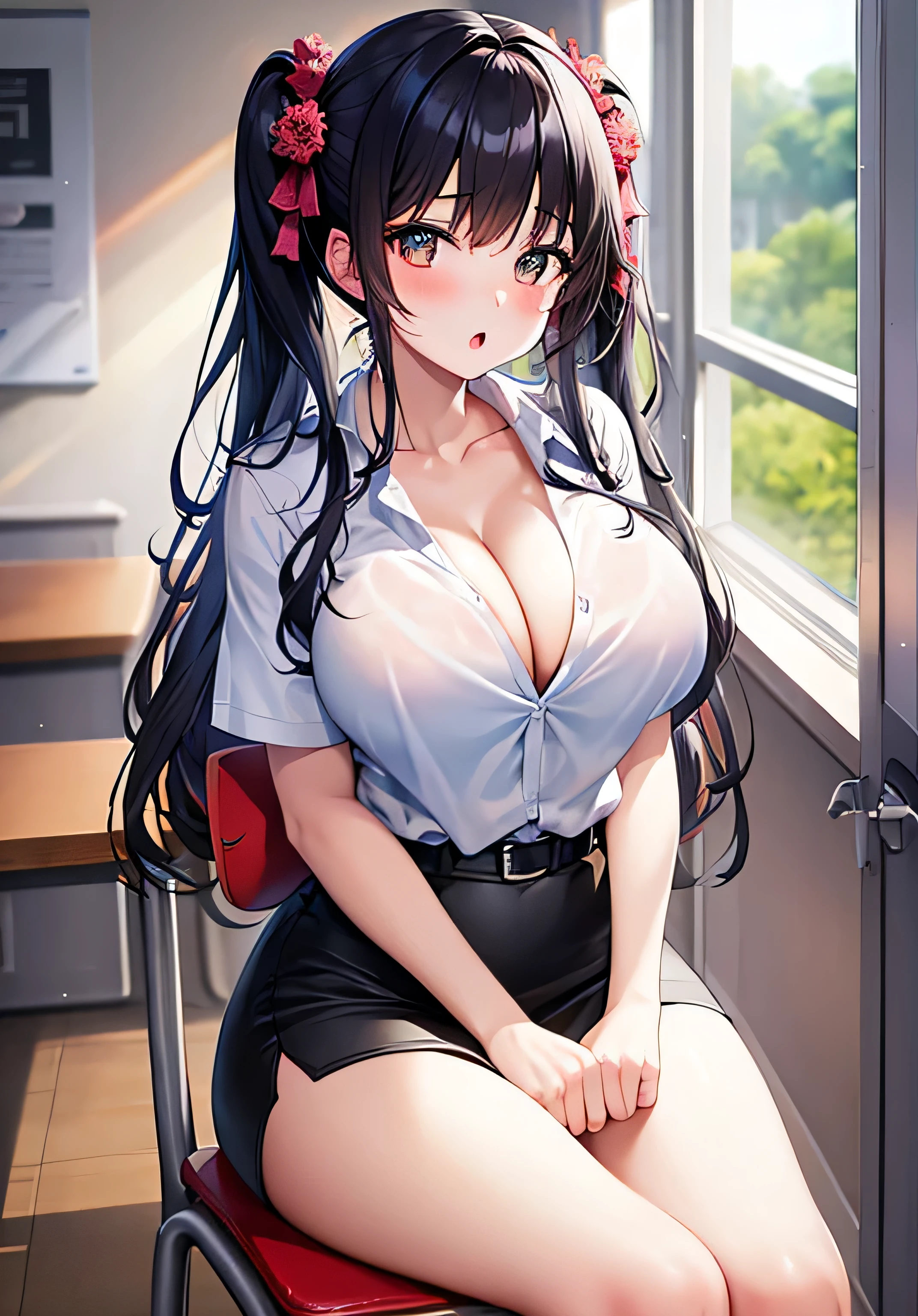 masterpiece、best image quality、ultra high resolution、 girl with big breasts、twin tail hairstyle、black hair、red face、shyly、Open your mouth just a little、White shirt with cleavage visible、wearing a mini pencil skirt、sit in a chair、inside the classroom
