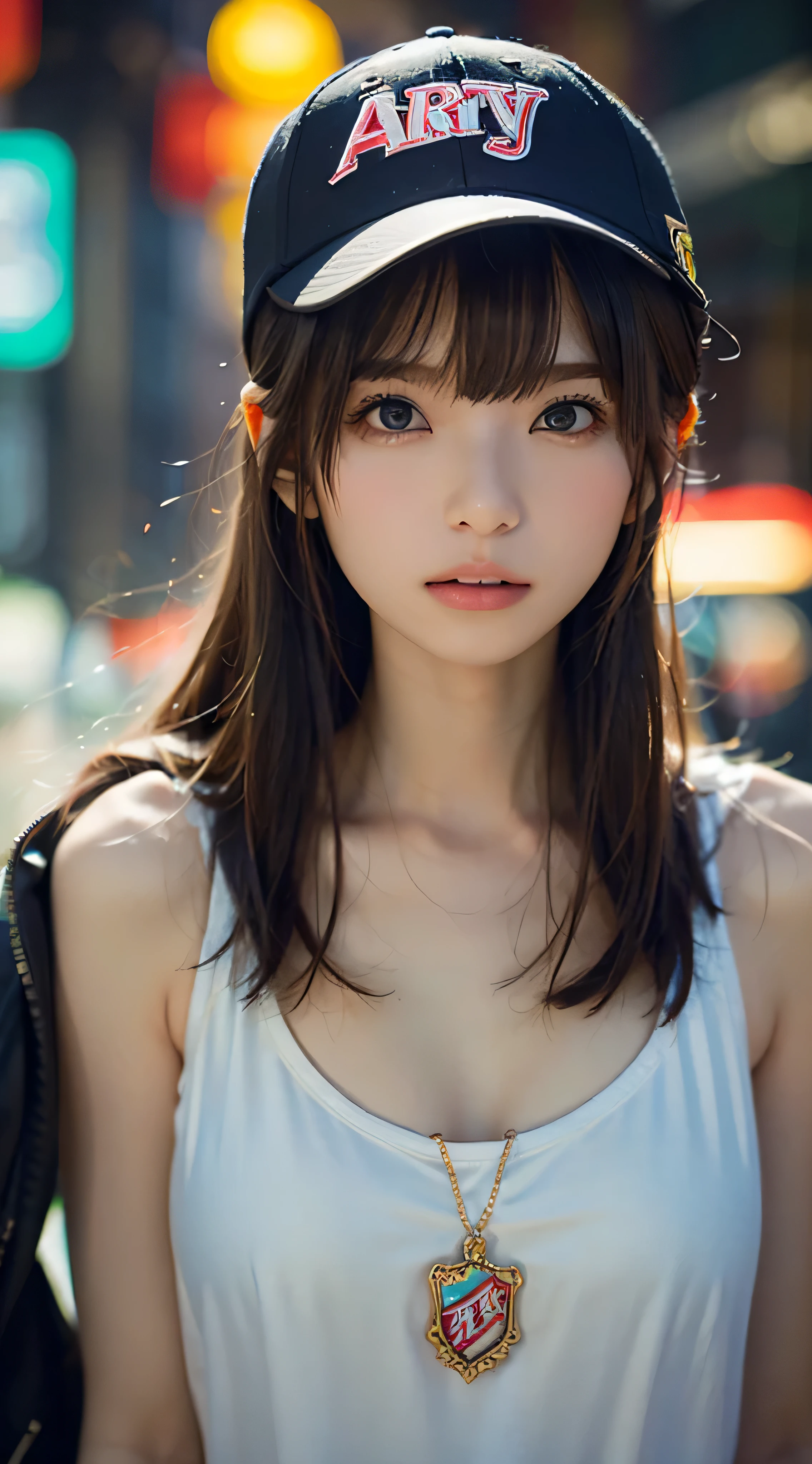 masterpiece, two beautiful girls, detailed eye, swollen eyes, highest quality, 超A high resolution, (reality: 1.4), movie lighting, Japanese, asian beauty, very very beautiful, beautiful skin, Slender, forward facing body, (super reality), (High resolution), (8k), (very detailed), ( Best Illustration), (beautiful detailed eyes), (super detailed), detailed face, bright lighting, professional lighting、neon city at night、Neon lights are bright and sparkling、party people、flashy costume、hot pants、Tank top、baseball cap、costume studs、