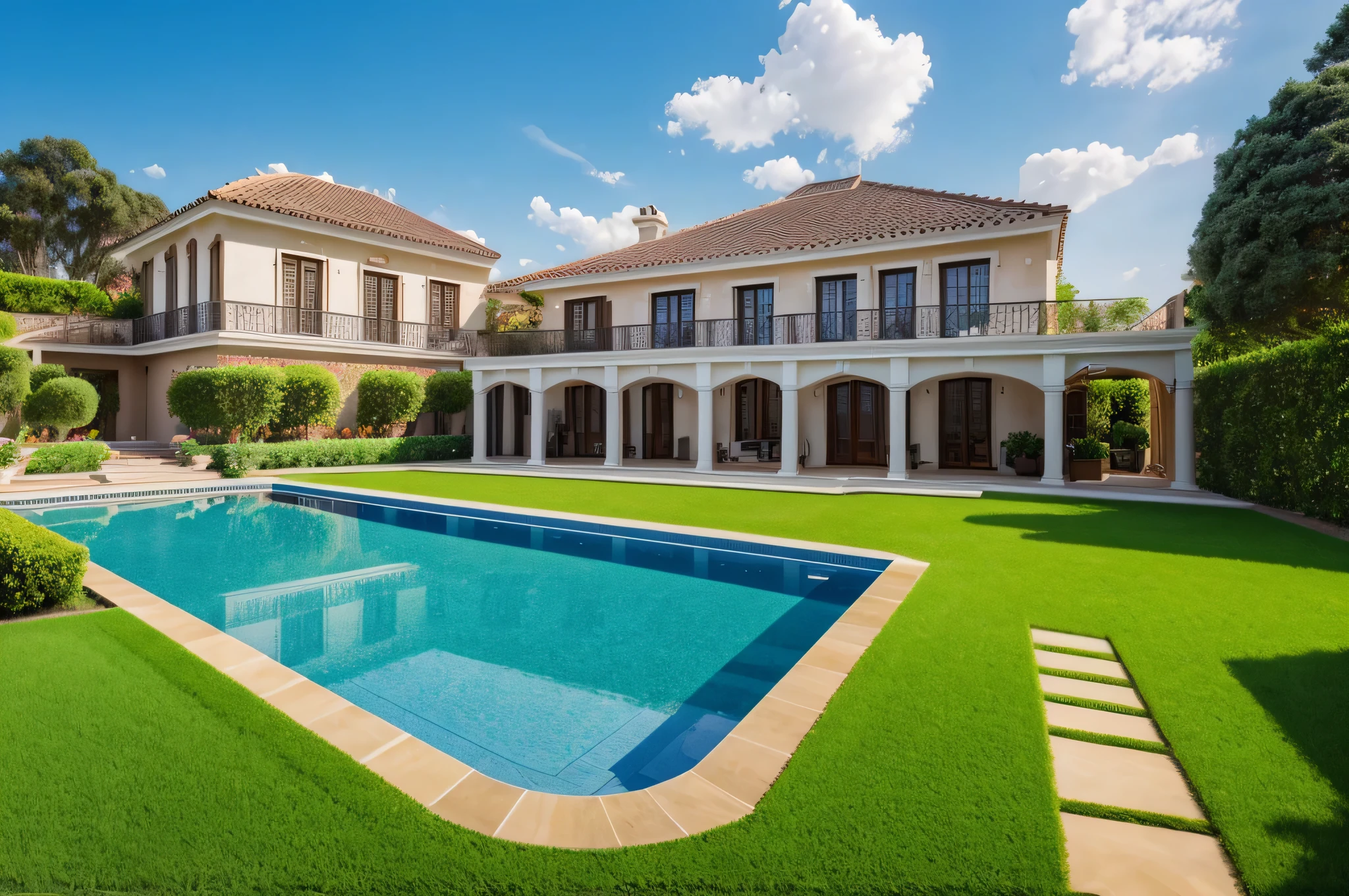 classic villa exterior,flower garden,lawn,swimming pool,daylight,blue sky,cloud,surreal,masterpiece,best quality,super detailed,ultra high resolution,photo 8k quality