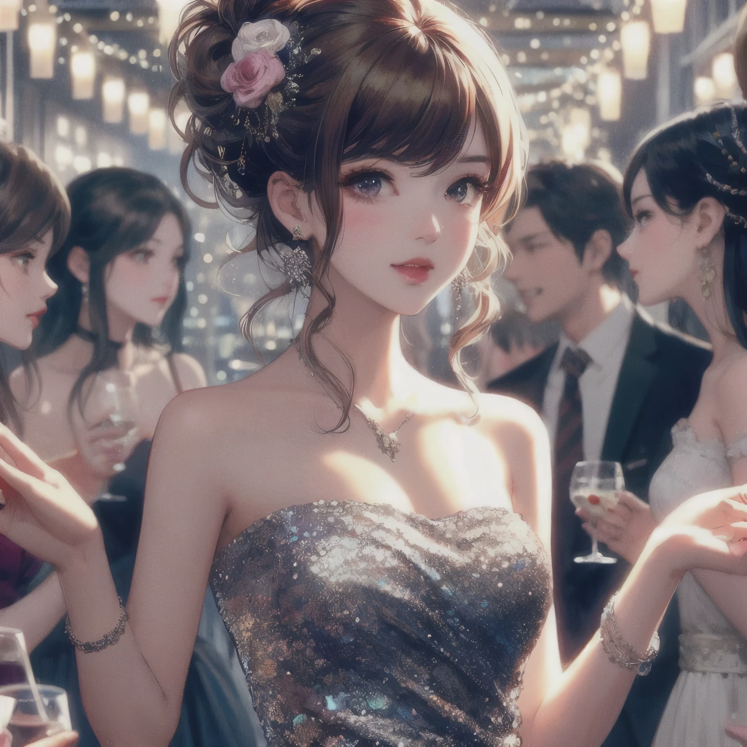 anime girl in a sequinous dress holding a glass of wine, smooth anime cg art, detailed digital anime art, artwork in the style of guweiz, guweiz, digital anime illustration, trending on cgstation, beautiful anime art style, digital anime art, beautiful anime girl, beautiful anime woman, cute anime waifu in a nice dress