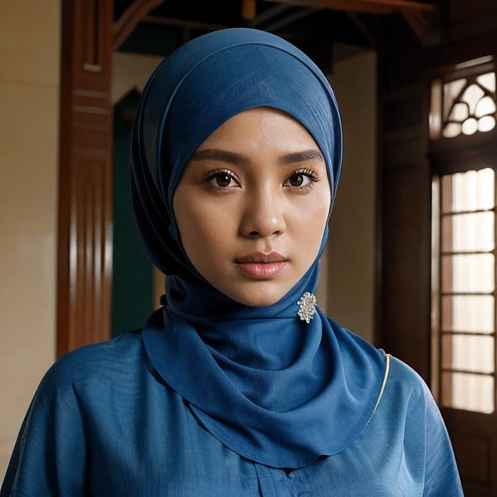 indonensian gir wear hijab, look at the viewer, realistic photograpy, sit on sofa in the decorative indoor studio, cinematic, hyper realistic, super detail, HD 8K.