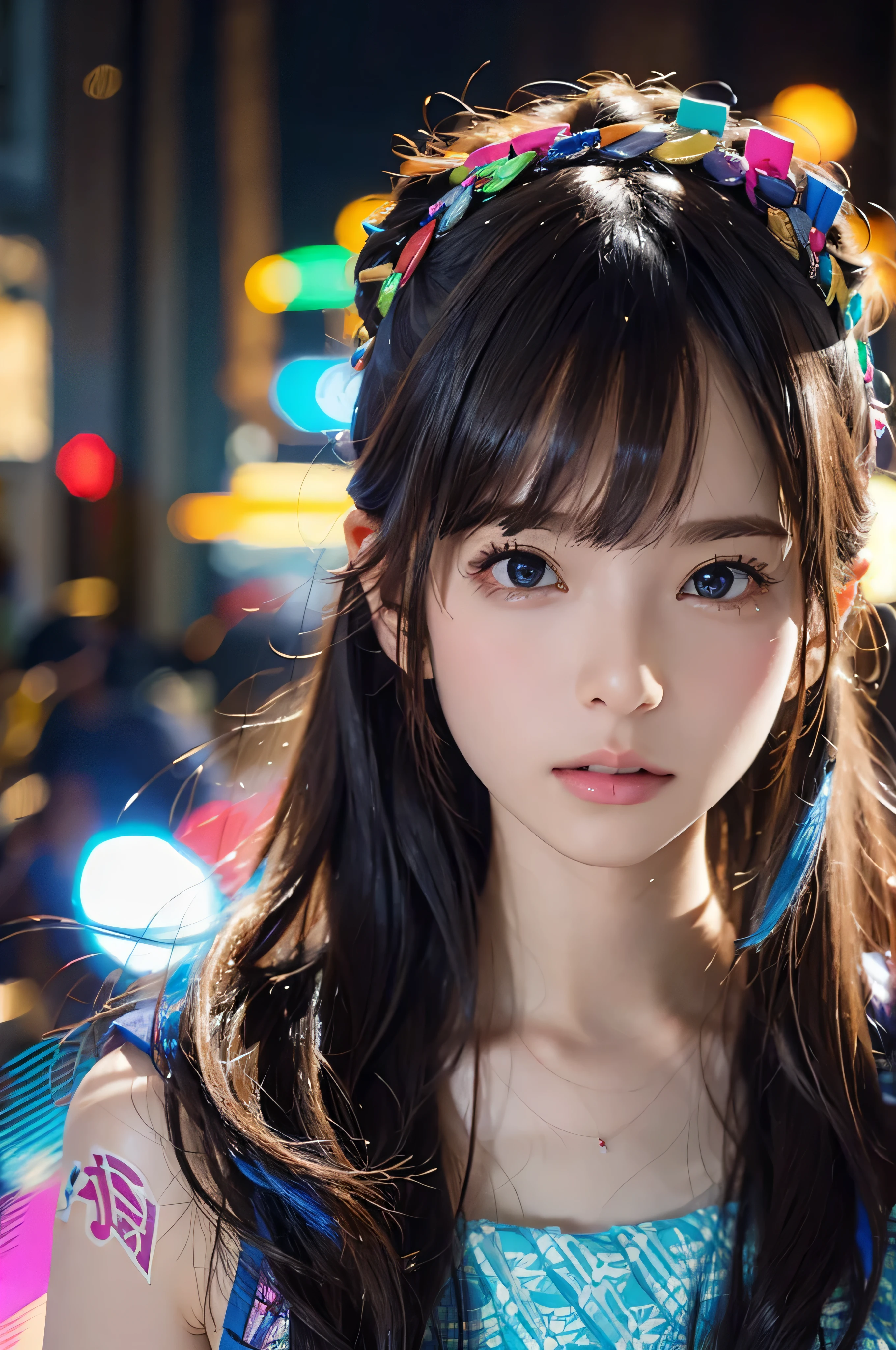 masterpiece, two beautiful girls, detailed eye, swollen eyes, highest quality, 超A high resolution, (reality: 1.4), movie lighting, Japanese, asian beauty, very very beautiful, beautiful skin, Slender, forward facing body, (super reality), (High resolution), (8k), (very detailed), ( Best Illustration), (beautiful detailed eyes), (super detailed), detailed face, bright lighting, professional lighting、neon city at night、Neon lights are bright and sparkling、party people、flashy costume、hot pants、Tank top、baseball cap、costume studs、Accessories that glow blue、