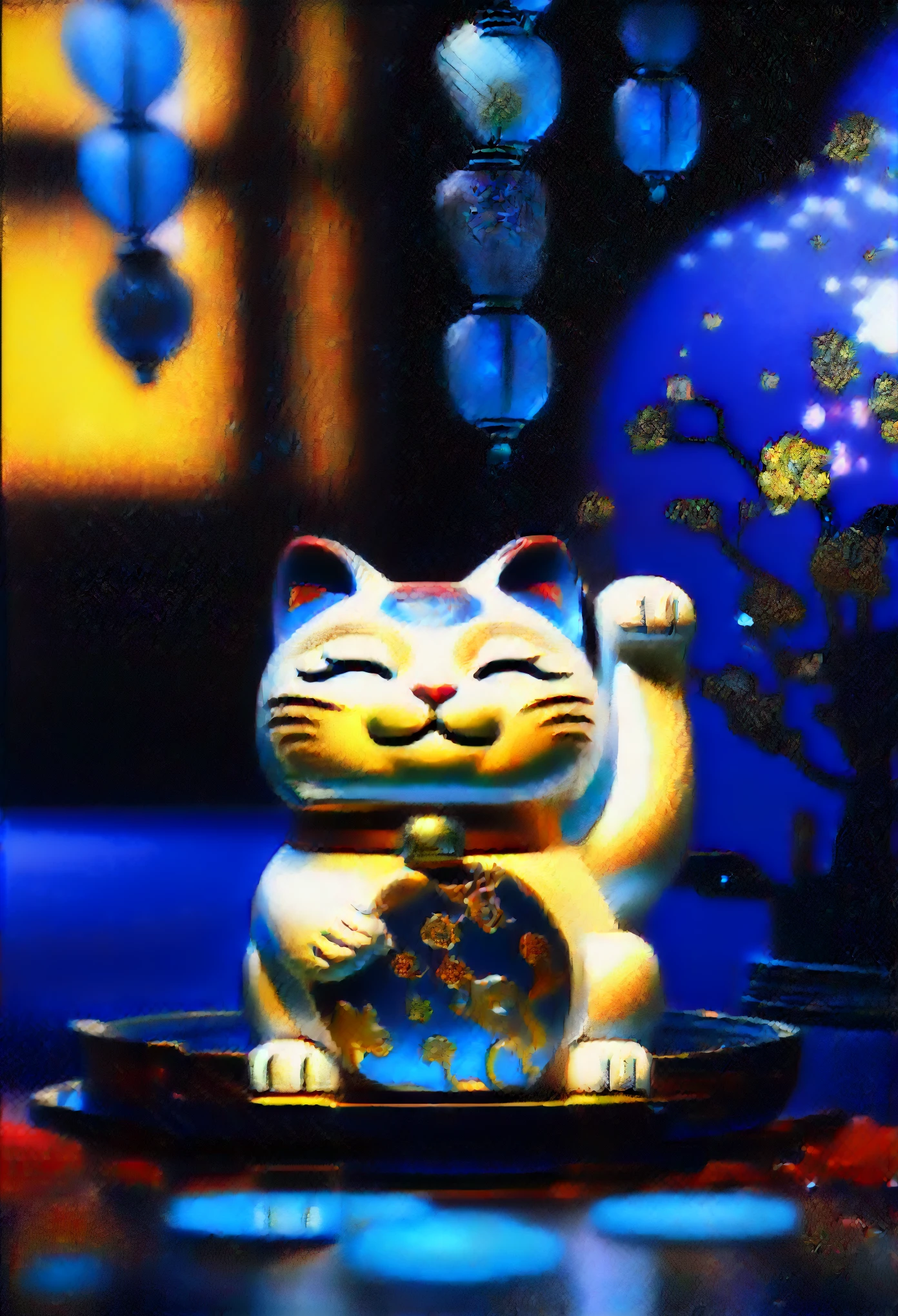 Lucky Cat,陶瓷质感Lucky Cat,可爱的胖Lucky Cat,The scene is matched with some gold coins,Model texture,Product picture effect,Picture quality: Ultra HD,4k quality,Overall warm colors,Don't be blue,The picture should have a prosperous festive atmosphere