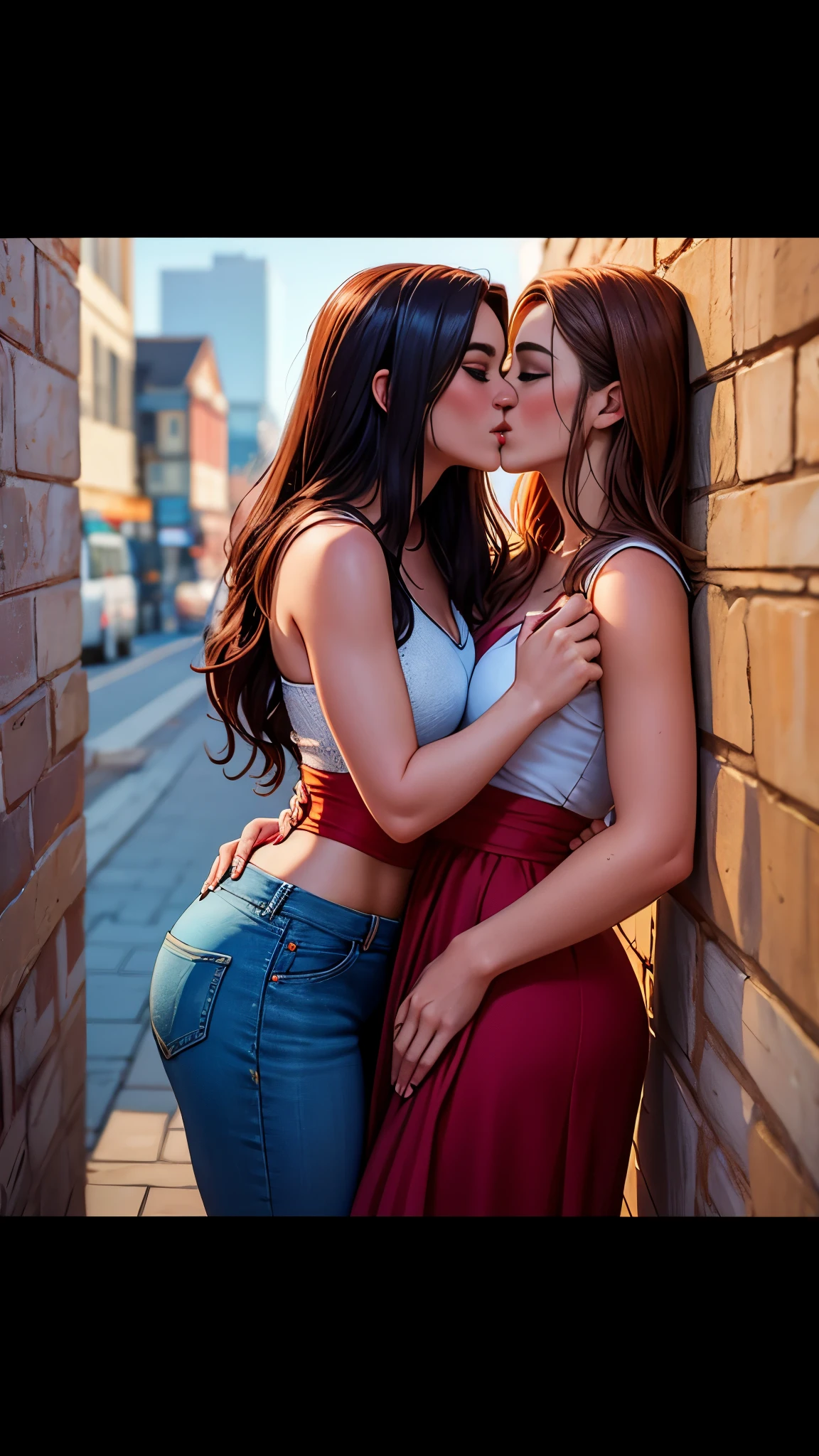 two women standing next to each other near a wall, alena aenami and lilia alvarado, lesbian embrace, lesbian kiss, two beautiful women in love, two girls, lesbian, lesbian art, lesbians, modeling for dulce and gabanna, two models in the frame, woman holding another woman, kissing together cutely, they are close to each other