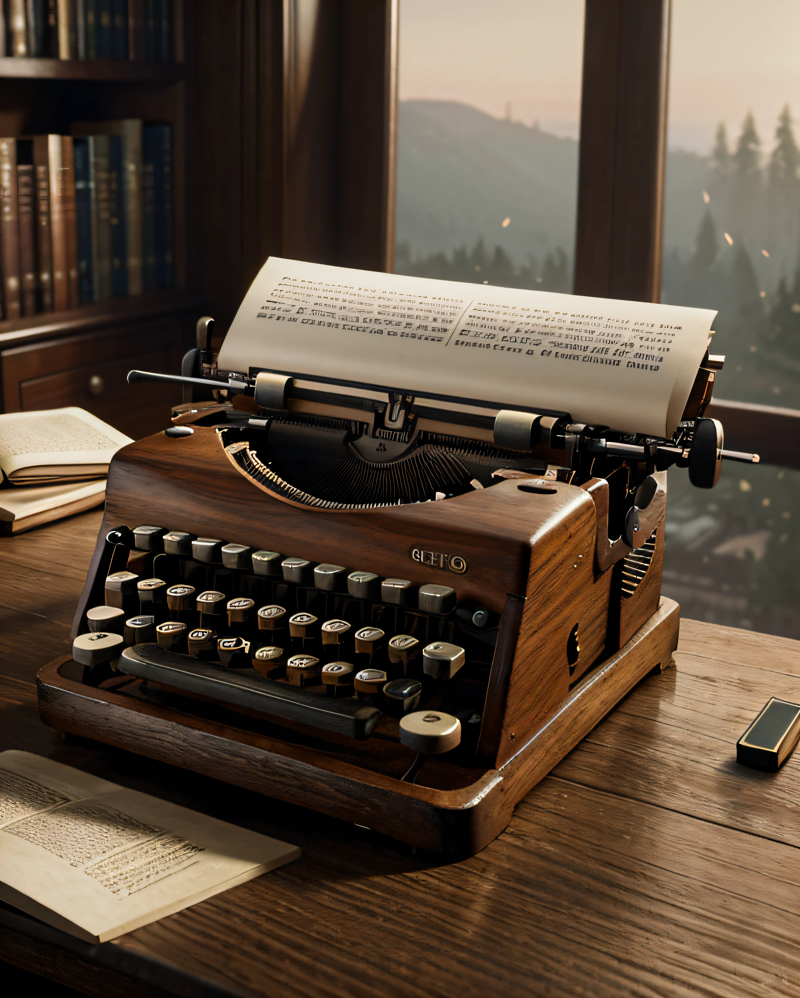 A digital art illustration of a typewriter sitting on top of a wooden table by Greg Rutkowski, melhor qualidade, obra de arte, trends on Artstation, highly artistic, detalhes intrincados, digital rendering, obturador, romantismo, fundo da biblioteca, Sobre a sociedade CG, foto de beleza, trending in the epic category, vintage - em 1 0 2 4, splendid