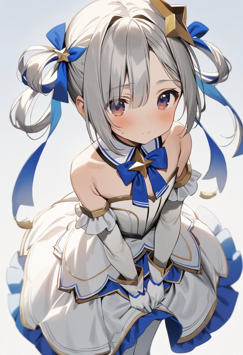 Ganado/(Holographic live broadcast/), masterpiece, best quality, 1 girl,Double tail,hair tie,hair accessories,forehead gem,brown eyes,split collar,skirt,bare shoulders, tassel,White gloves, white pantyhose,simple background,