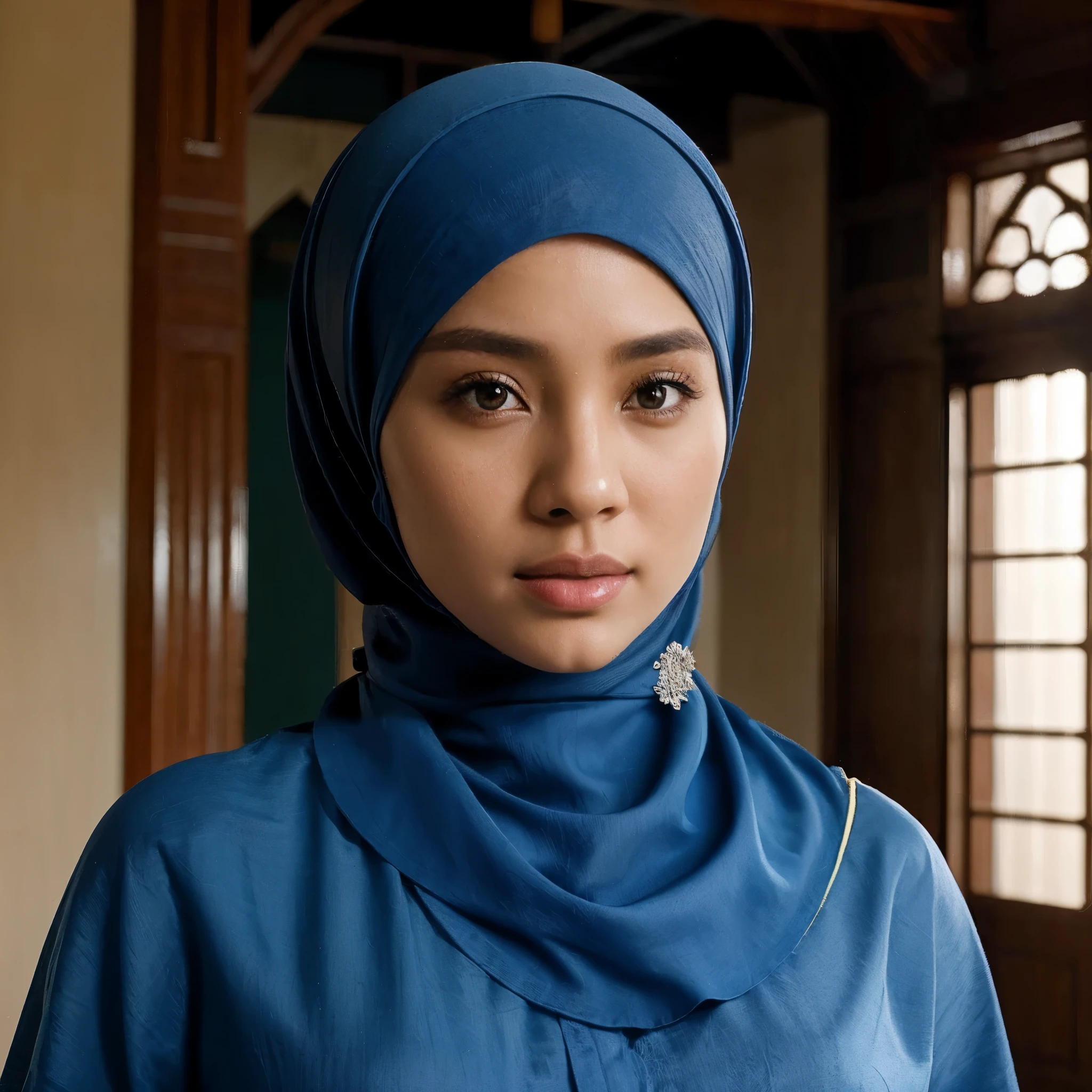 beauty of a woman from Indonesia, dressed in a blue hijab, beautiful mosque room background, realistic photos, real details, UHD resolution,